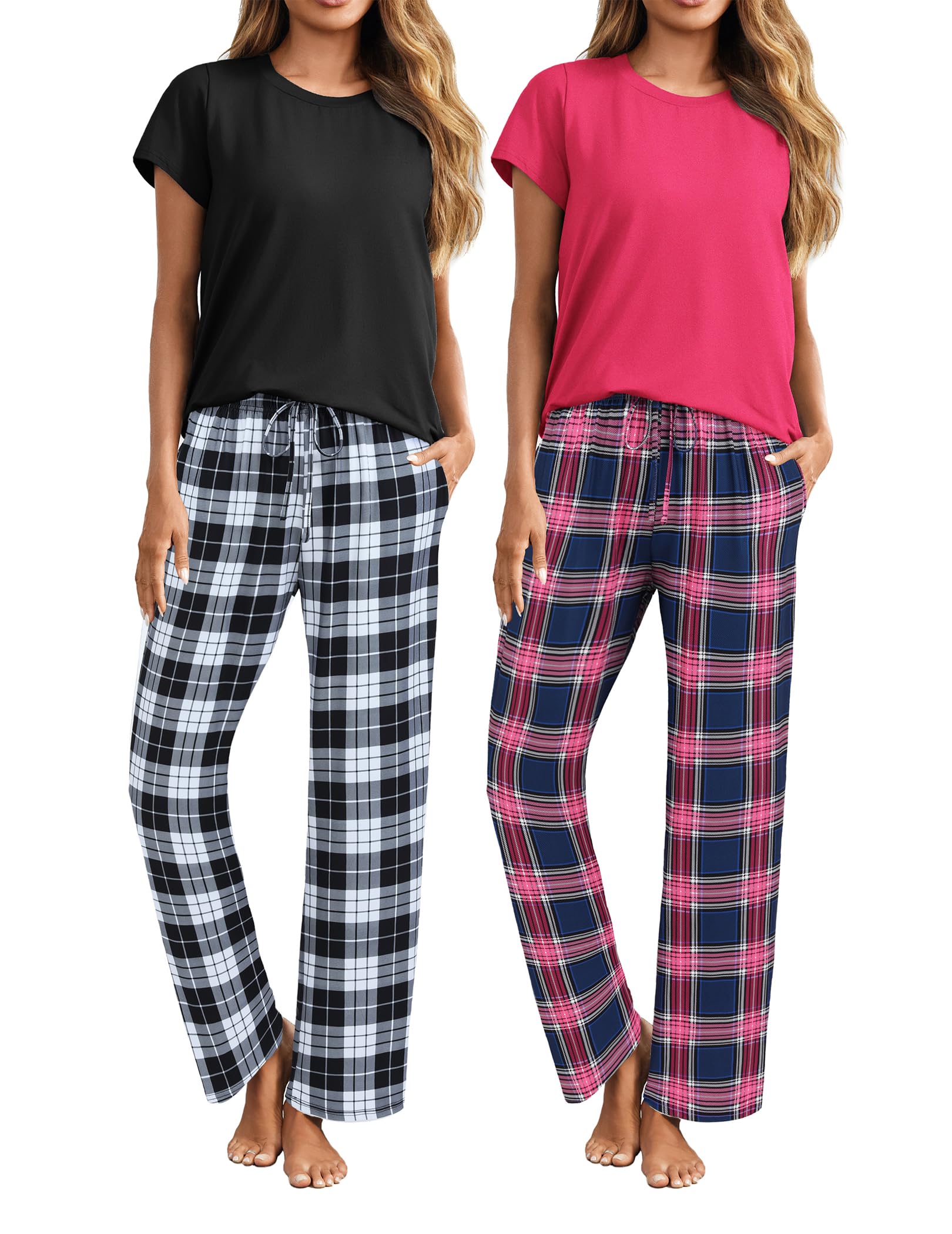 Ekouaer Women's 2-Pack Pajama Sets - Short Sleeve Sleepwear Top & Pants 4-Piece Lounge PJS with Pockets | Soft Cotton Nightwear for Home, Travel & Relaxation