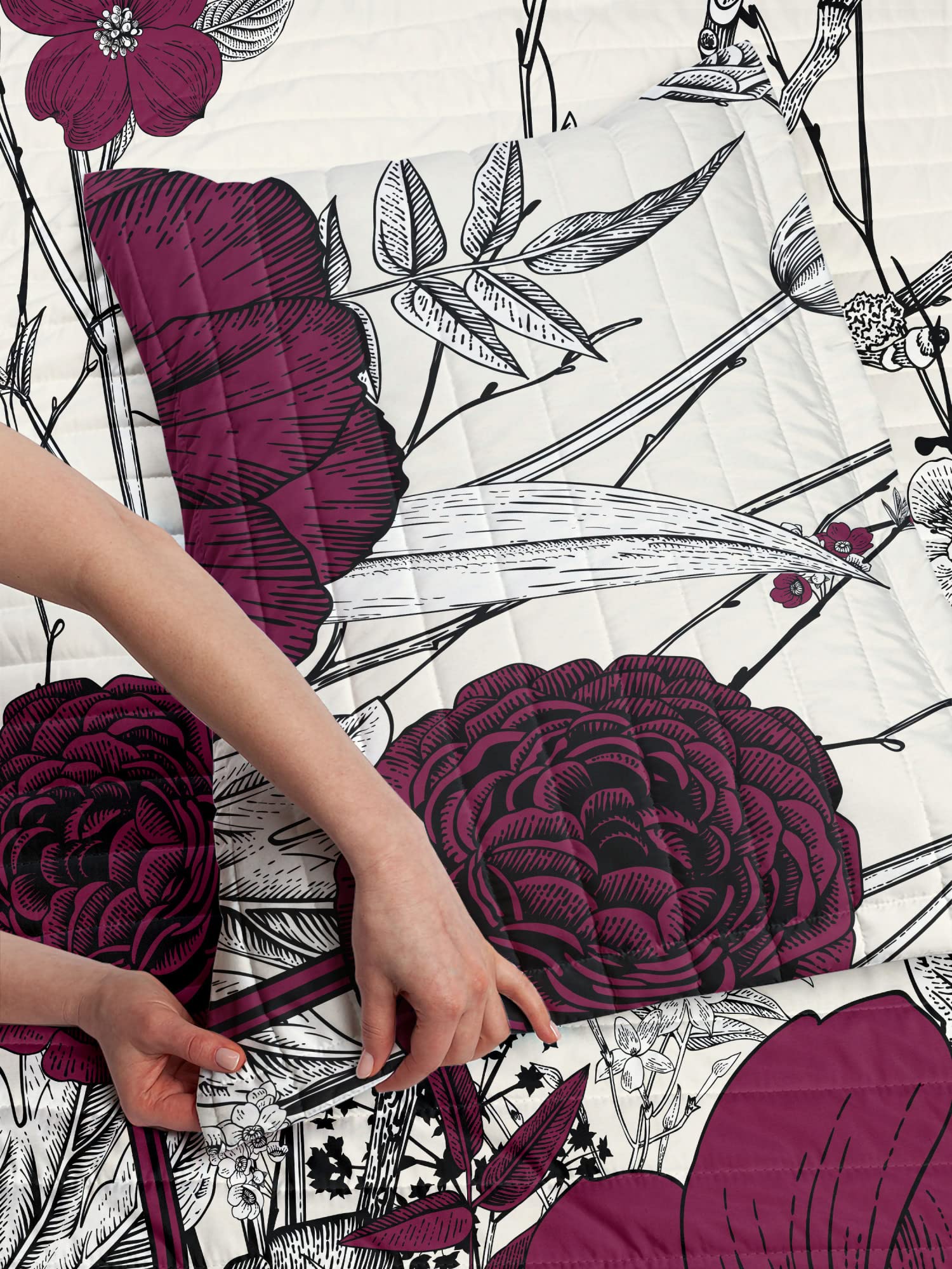 Ambesonne Reversible Dogwood Flower Bedspread Set - Twin Size, Raspberry | Retro Cherry Blossom & Peony Floral Design | Microfiber Comforter with Pillow Shams | Perfect for Spring Bedroom Decor & Guest Room Makeover
