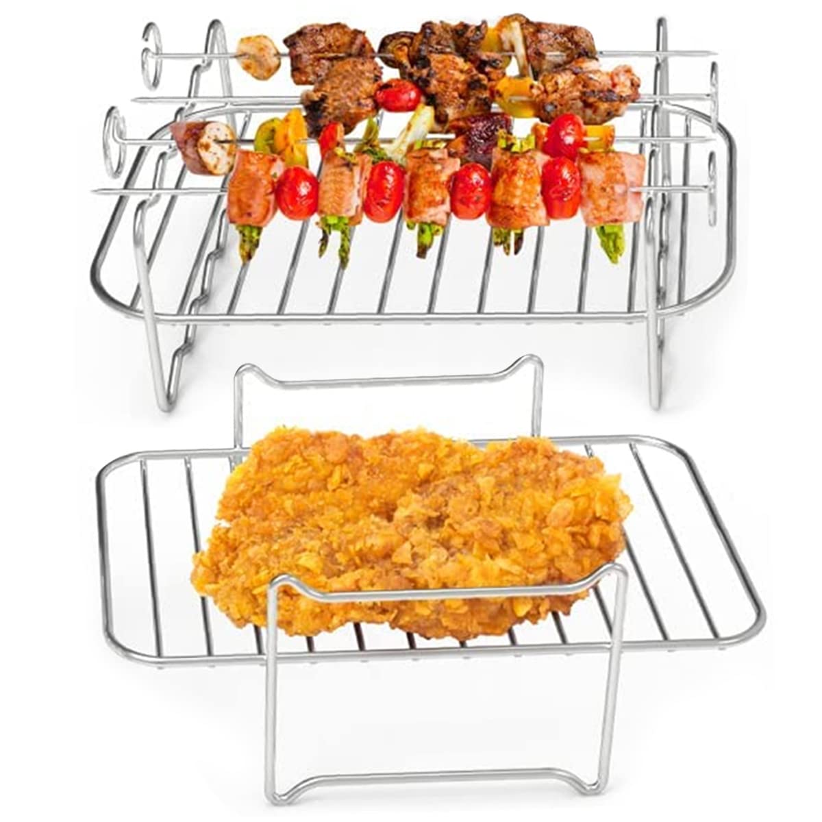 Keyohome 2-Piece Air Fryer Double Layer Grilling Rack with 4 Skewers - Stainless Steel Multi-Purpose Accessories for BBQ, Roasting & Baking - Perfect for Air Fryers, Ovens & Grills (Silver) - Great for Family Dinners, Parties & Healthy Cooking