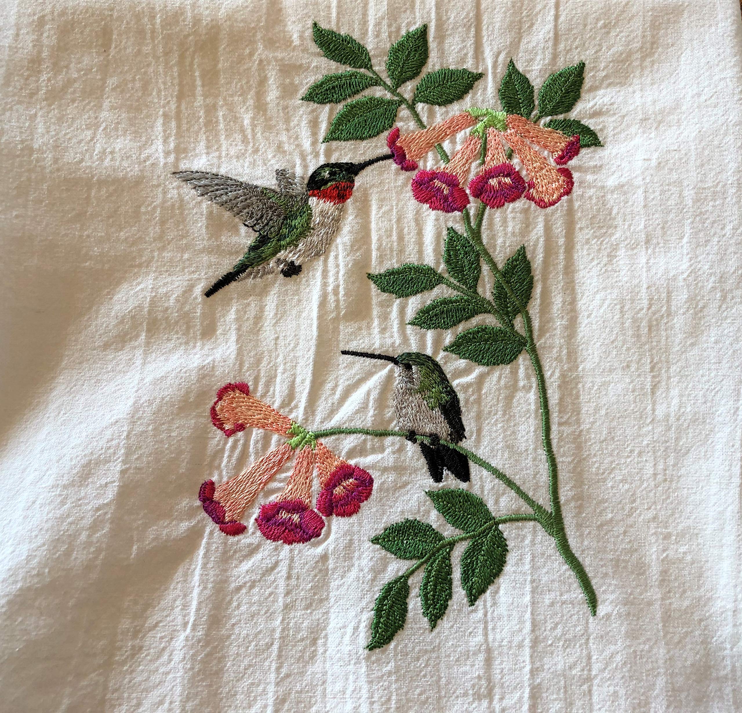 Hummingbird Embroidered Flour Sack Dish Towels - Set of 2 Cotton Kitchen Tea Towels with Machine Embroidery for Drying Dishes, Decor & Gift Giving