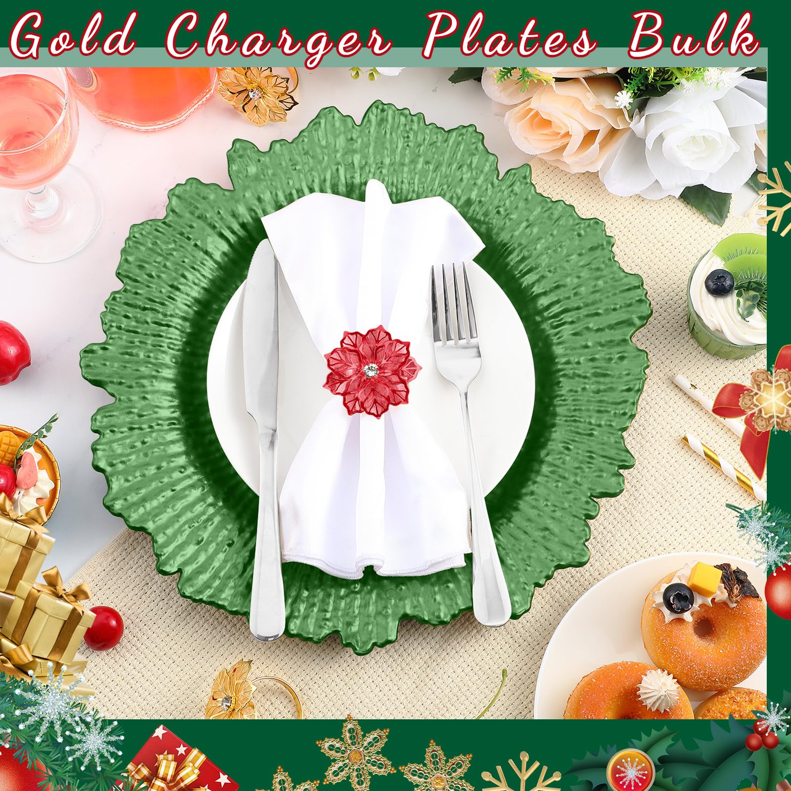 50-Piece Matte Reef Charger Plate Set with Ruffled Rim & Hollow-Out Flower Napkin Rings - 13