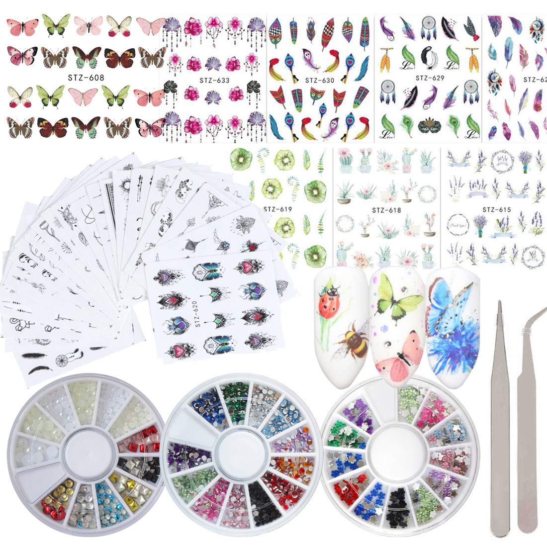 10 Pack Flower Nail Art Stickers - Water Slide Decals with Rhinestones for Acrylic Nails - DIY Nail Decorations for Manicure & Pedicure - Perfect for Parties, Weddings, and Salon Use (Style 1)