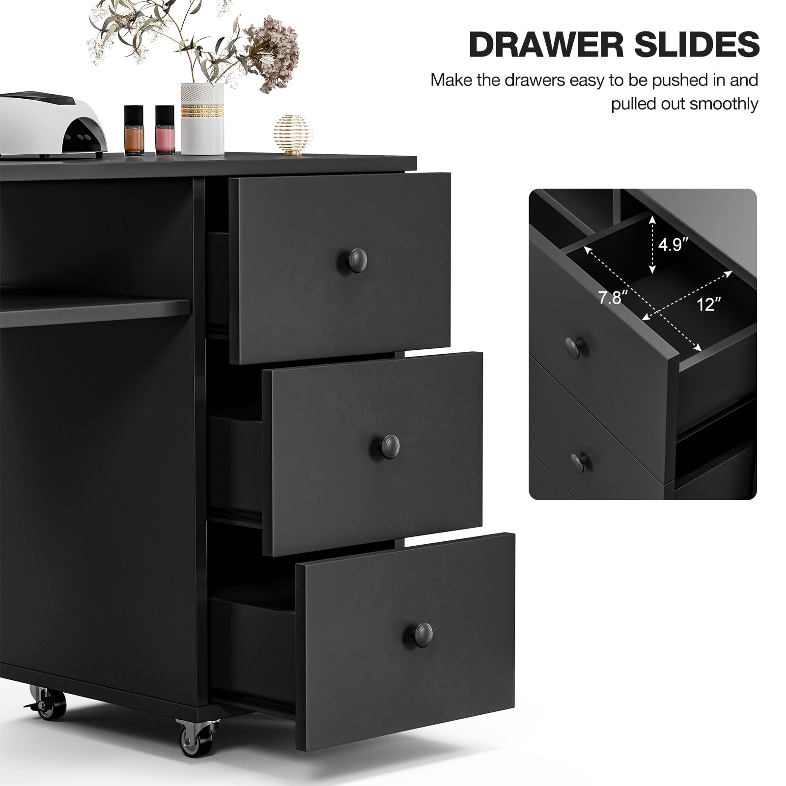Professional Manicure Table Nail Desk with 3 Drawers & Storage Cabinet - Portable Nail Tech Station with Lockable Wheels - Beauty Salon Workstation for Nail Artists & Home Use (Black) - Perfect for Nail Salons, Home Studios & Mobile Nail Technicians