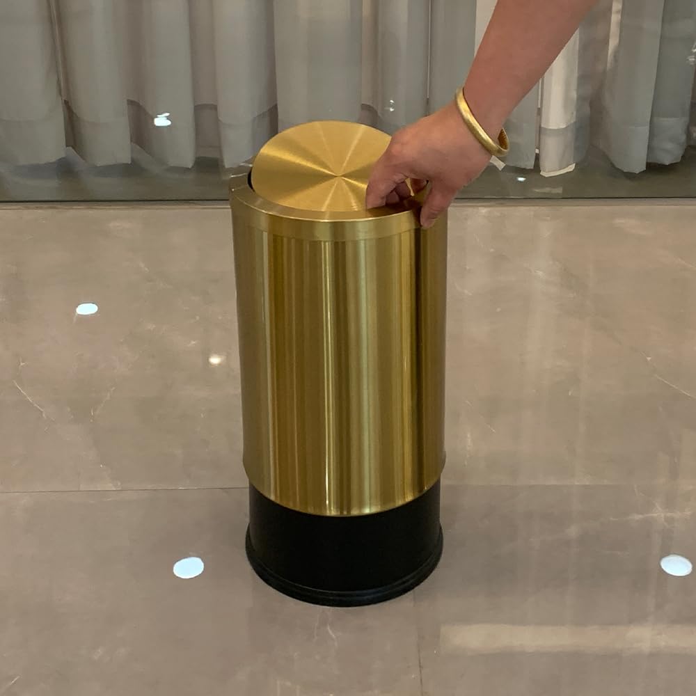 9 Liter/2.4 Gallon Small Gold Trash Can with Swing Lid - Brass Bathroom Waste Bin for Bedroom, Office, Living Room & Restaurant - Elegant Garbage Can for Home and Commercial Use