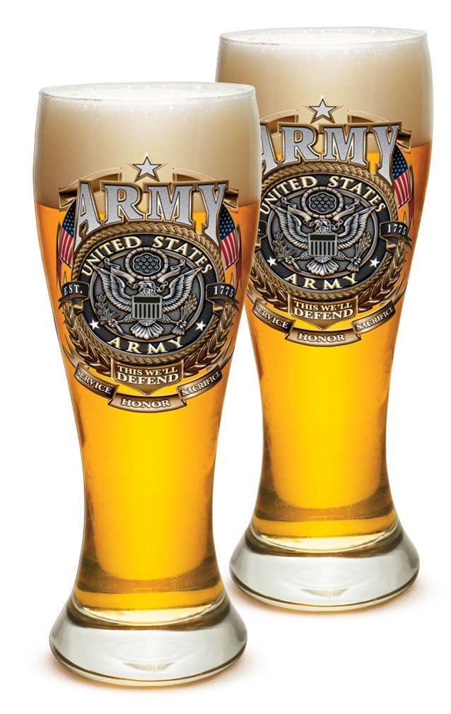 Erazor Bits Pilsner Beer Glasses Set of 12 (23 Oz) - Military Themed Armed Forces Gifts for Men & Women, American Soldier Barware with Gold Shield Design - Perfect for Veterans Day, Military Appreciation Events & Home Bar Decor