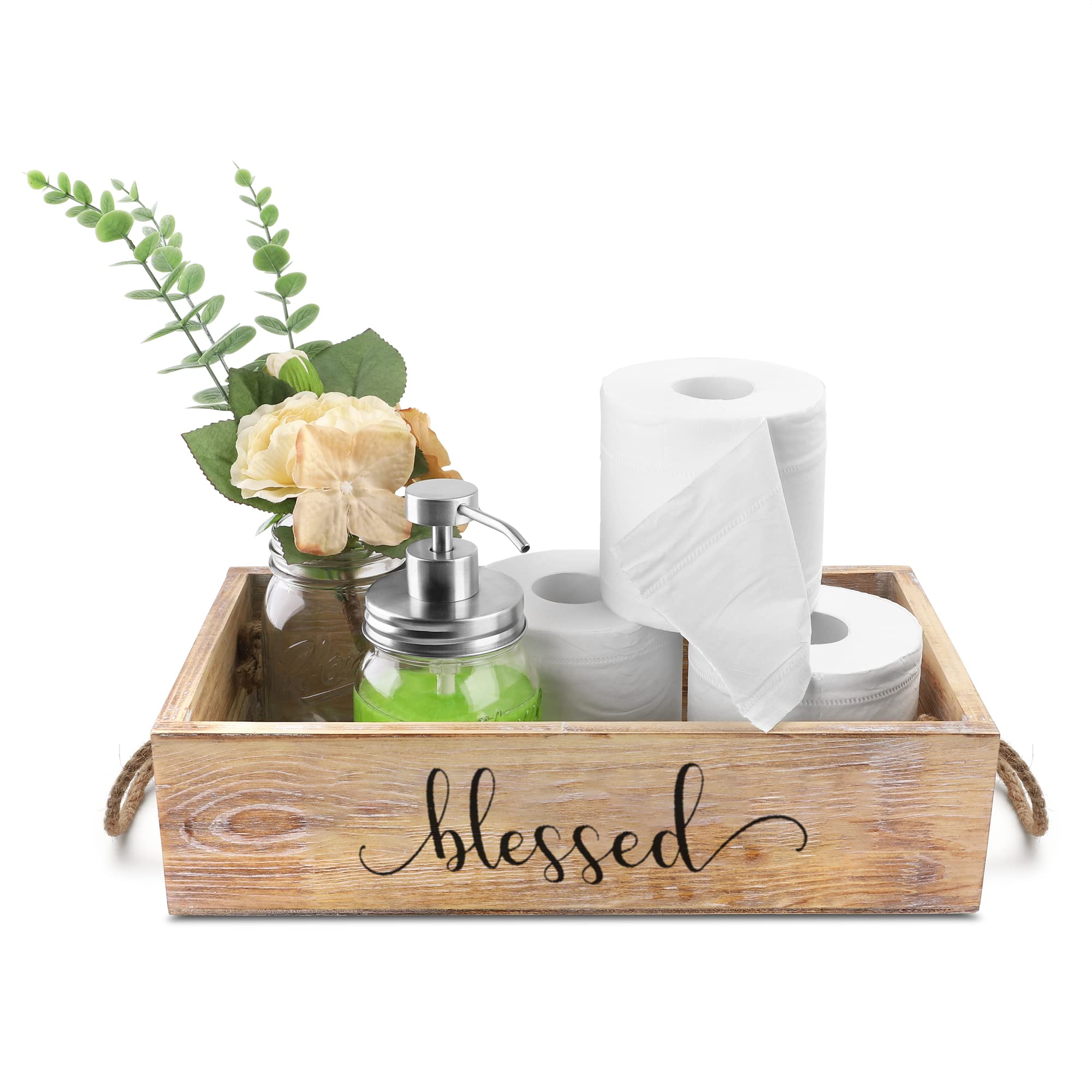 HOMKO Rustic Wooden Bathroom Organizer Box with Mason Jars & Artificial Flowers - Toilet Paper Storage Holder with Handle - Farmhouse Bathroom Decor for Vanity, Shelf or Countertop (Rustic Brown, Large)