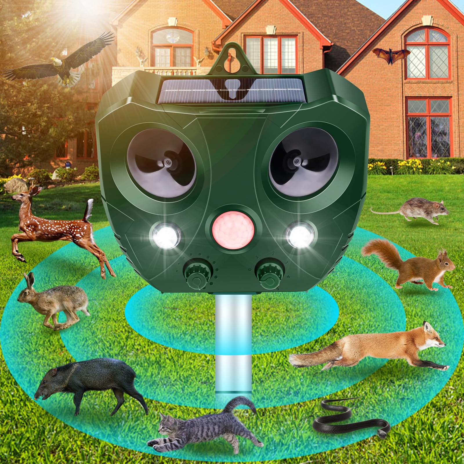 Solar Powered Ultrasonic Animal Repeller Outdoor - Motion Activated Pest Control Device with LED Flashing Lights to Deter Cats, Dogs, Deer, Birds, Squirrels & Raccoons | Ideal for Gardens, Yards, Farms & Patios