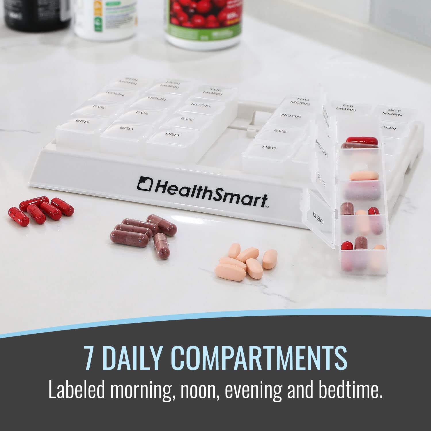 HealthSmart Weekly Pill Organizer - 3 Times Daily Medicine Box for Morning, Noon & Evening - Portable Travel Pill Case with Clear Storage Tray (1-Pack) - Perfect for Home, Office & Travel Medication Management