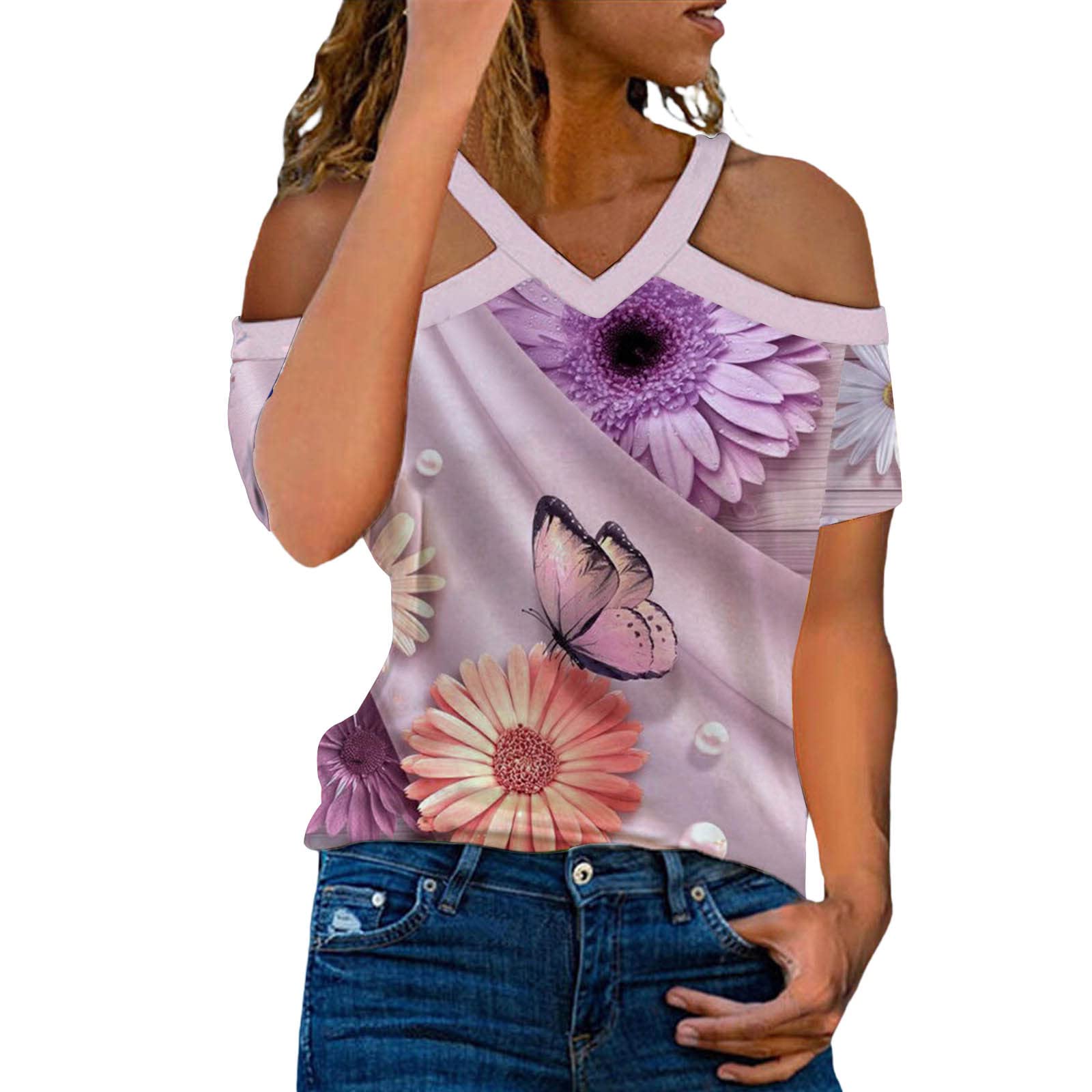 Women's V-Neck Printed Short Sleeve T-Shirt - Fashion Digital Print Athletic Top for Running, Yoga & Casual Wear