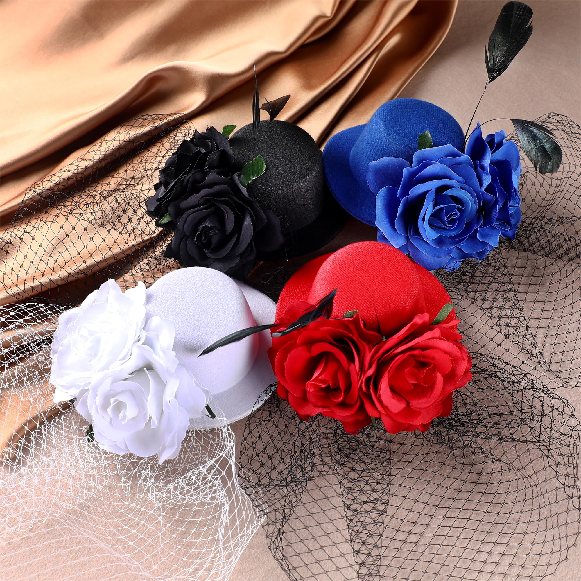 Elegant Tea Party Fascinators - White Derby Hats with Veil, Floral & Feathers for Women & Girls | Kentucky Derby, Bridal Shower, Garden Party, Wedding Accessories