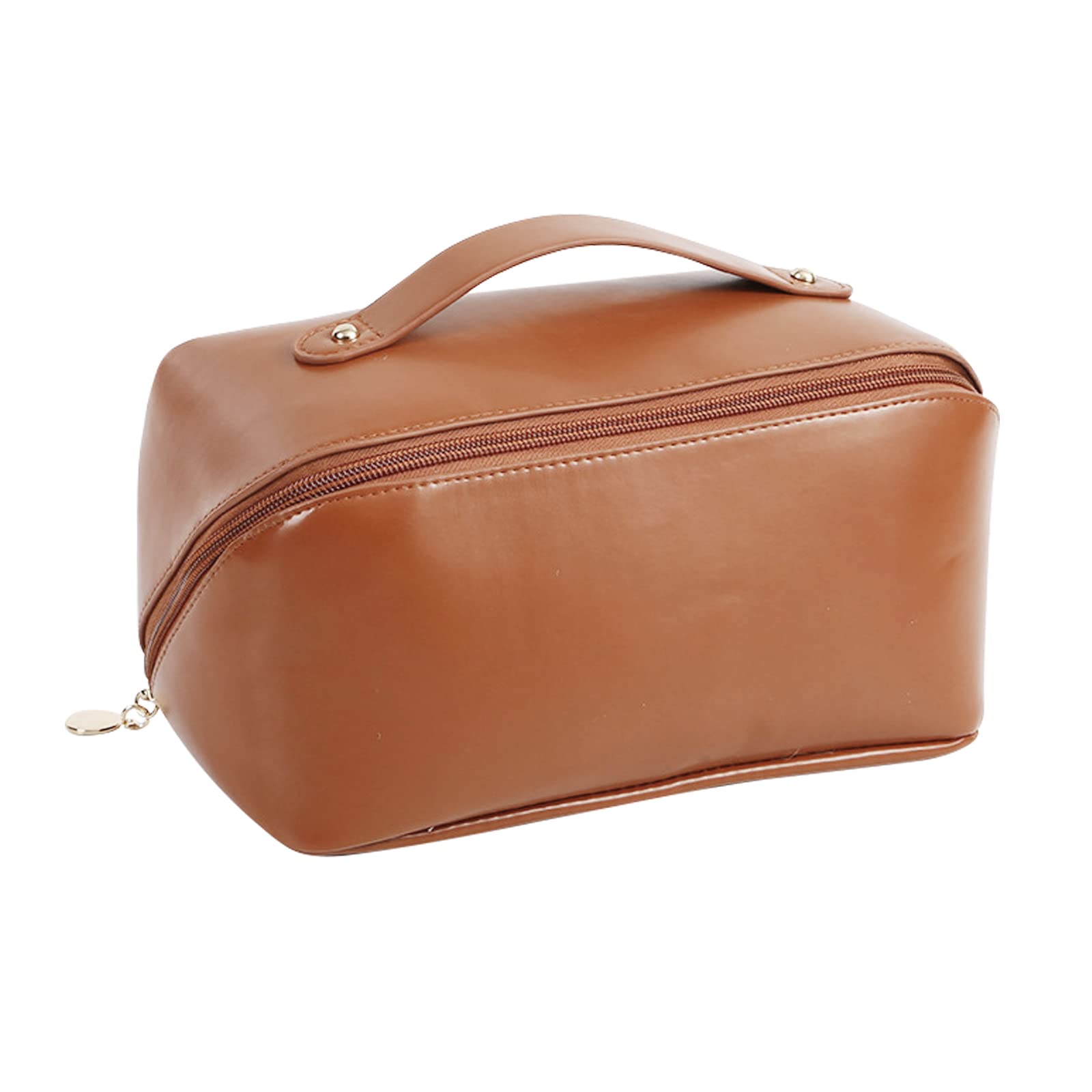 Large Capacity PU Leather Travel Cosmetic Bag - Waterproof Makeup Organizer Pouch for Women, Toiletry Storage Case with Multiple Compartments (Brown) | Perfect for Air Travel, Gym, Vacation & Daily Use