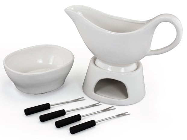 Zenvy 12oz Ceramic Gravy Boat Set with Candle Warmer Stand - Includes Butter/Dip Dish & Appetizer Forks - Elegant White Serving Dish for Thanksgiving, Christmas Dinners & Holiday Entertaining