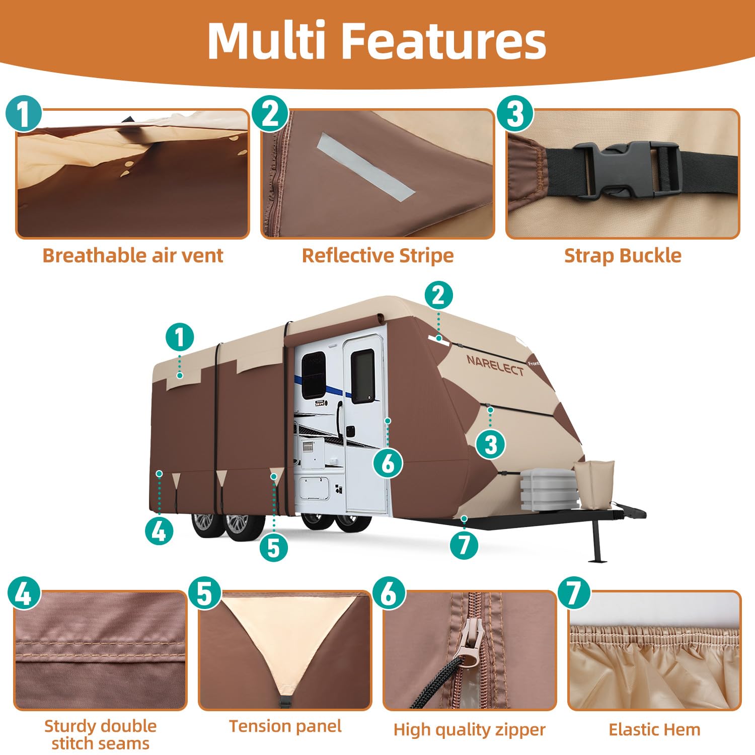 18'-20' RV Cover Travel Trailer Camper Cover - 7-Layer Windproof Waterproof Rip-Stop Fabric with Tongue Jack Cover & Gutter Protection | Includes Extra Windproof Ropes (Brown) | Perfect for Outdoor Storage & Winter Protection