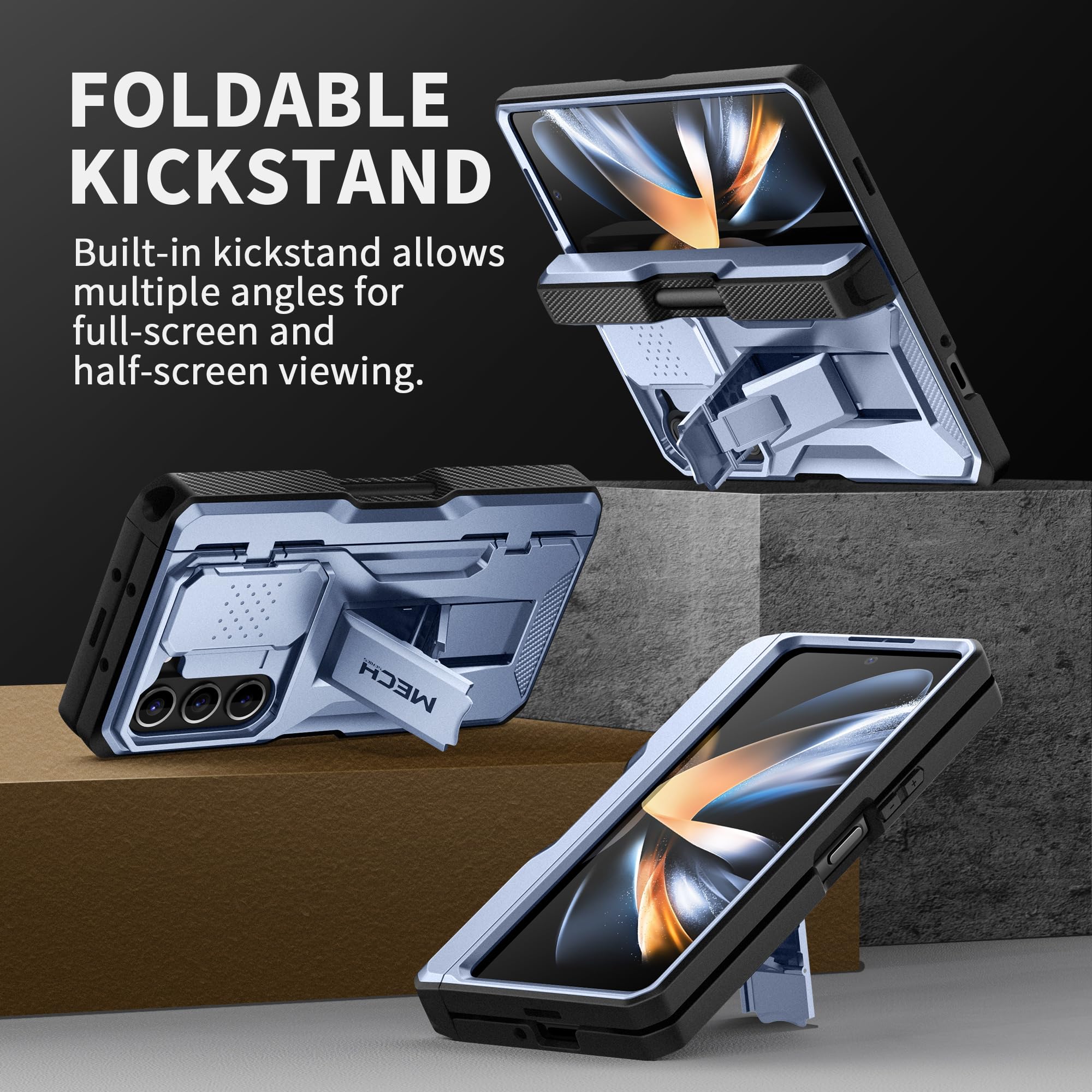 TONGATE Rugged Case for Samsung Galaxy Z Fold 5 with S Pen Holder, Screen Protector & Kickstand | Full-Body Hinge Protection, Belt Clip & Camera Cover | Shockproof Phone Case for Work & Outdoor Activities (ICY Blue)