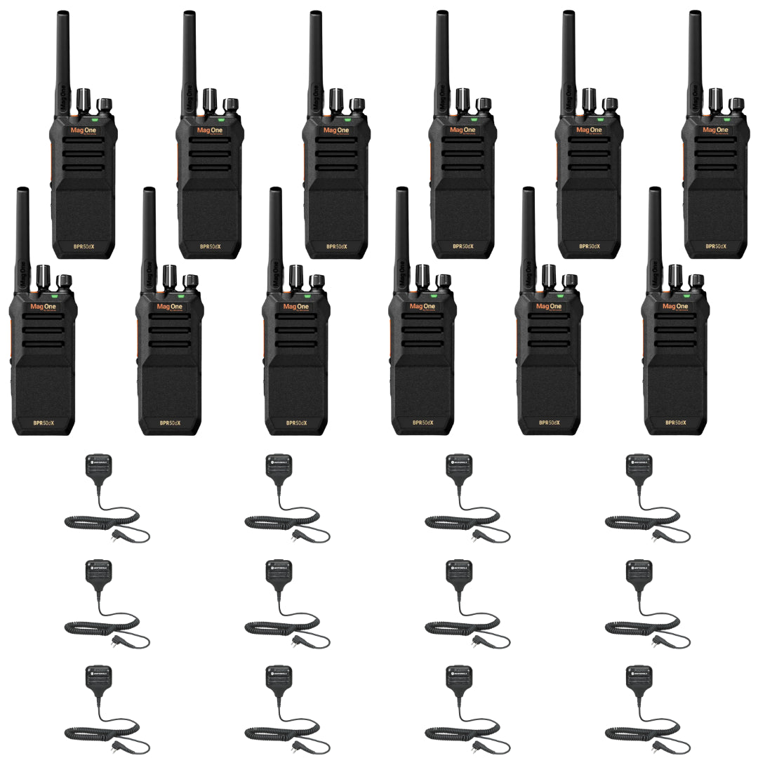 Motorola BPR50dx 12 Pack Two-Way Radio Bundle with HKLN4606 Speaker Microphones - Perfect for Construction, Security & Event Communication