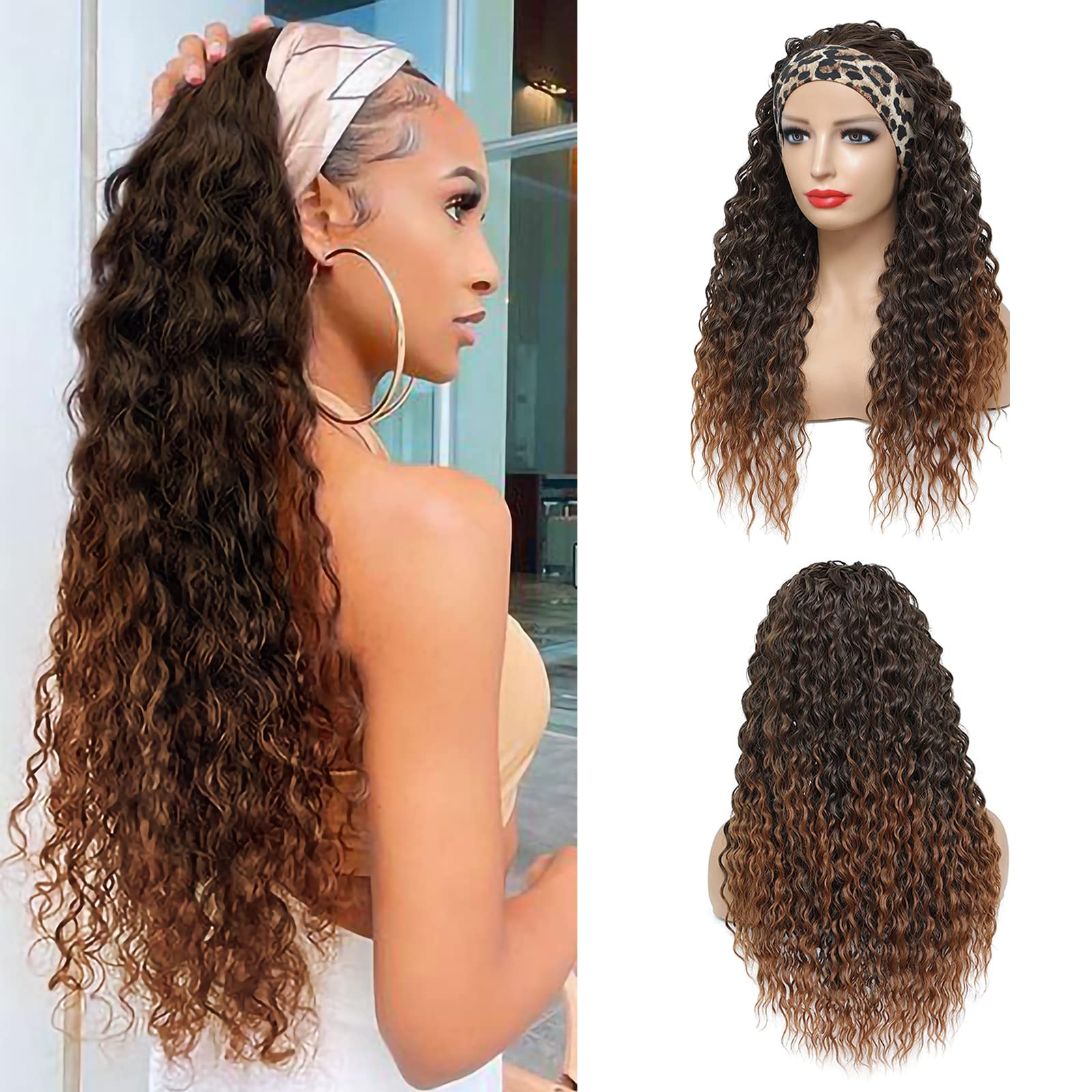 Alicoco 180% Density Water Wave Glueless Synthetic Half Wig with Headband - T30/16 Color, 26 Inch | Curly Headband Wig for Women | Perfect for Daily Wear, Cosplay & Special Occasions