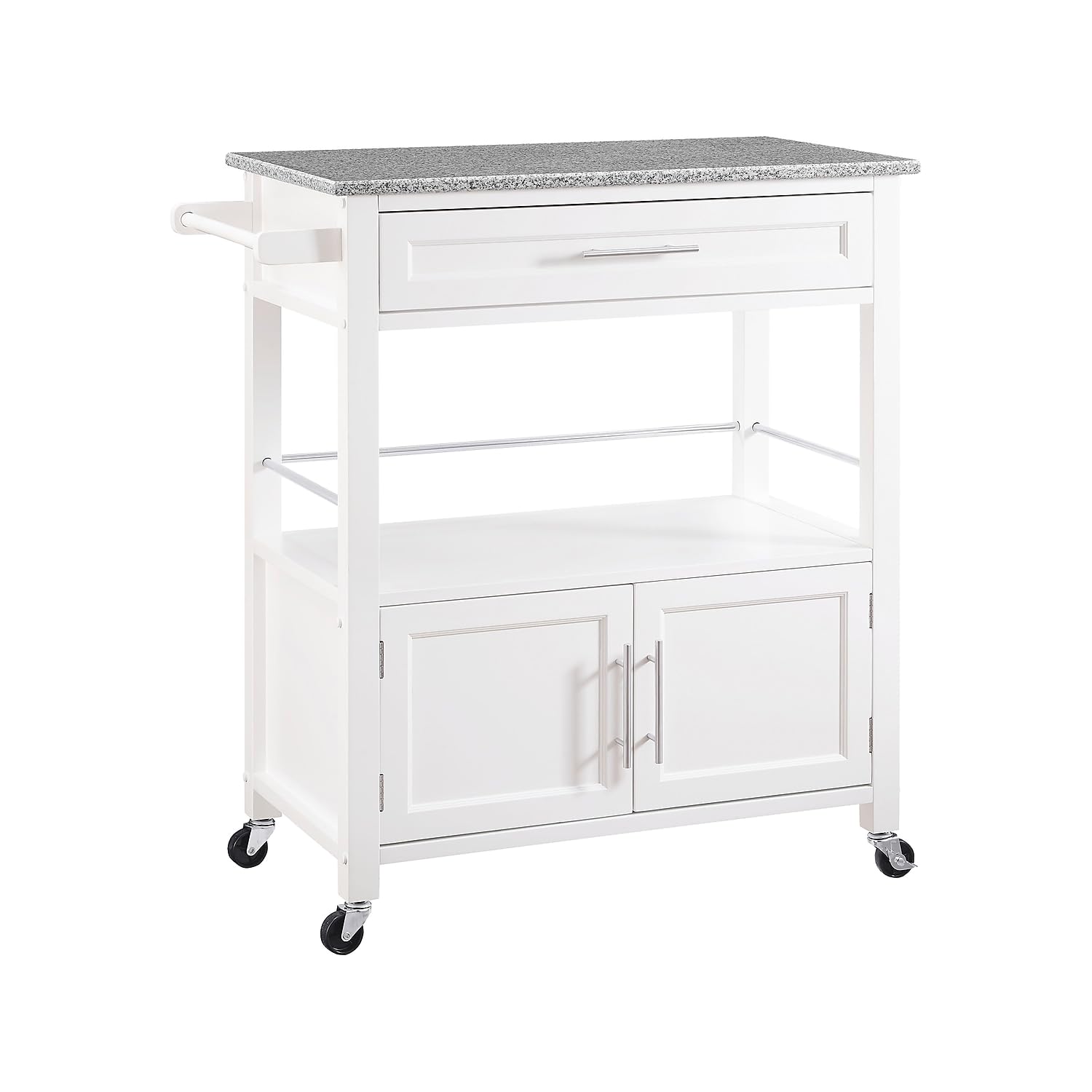 Benjara White and Gray Spacious Wooden Kitchen Cart with Granite Inlaid Top - Perfect for Small Kitchens, Pantry Storage, and Mobile Food Prep Station