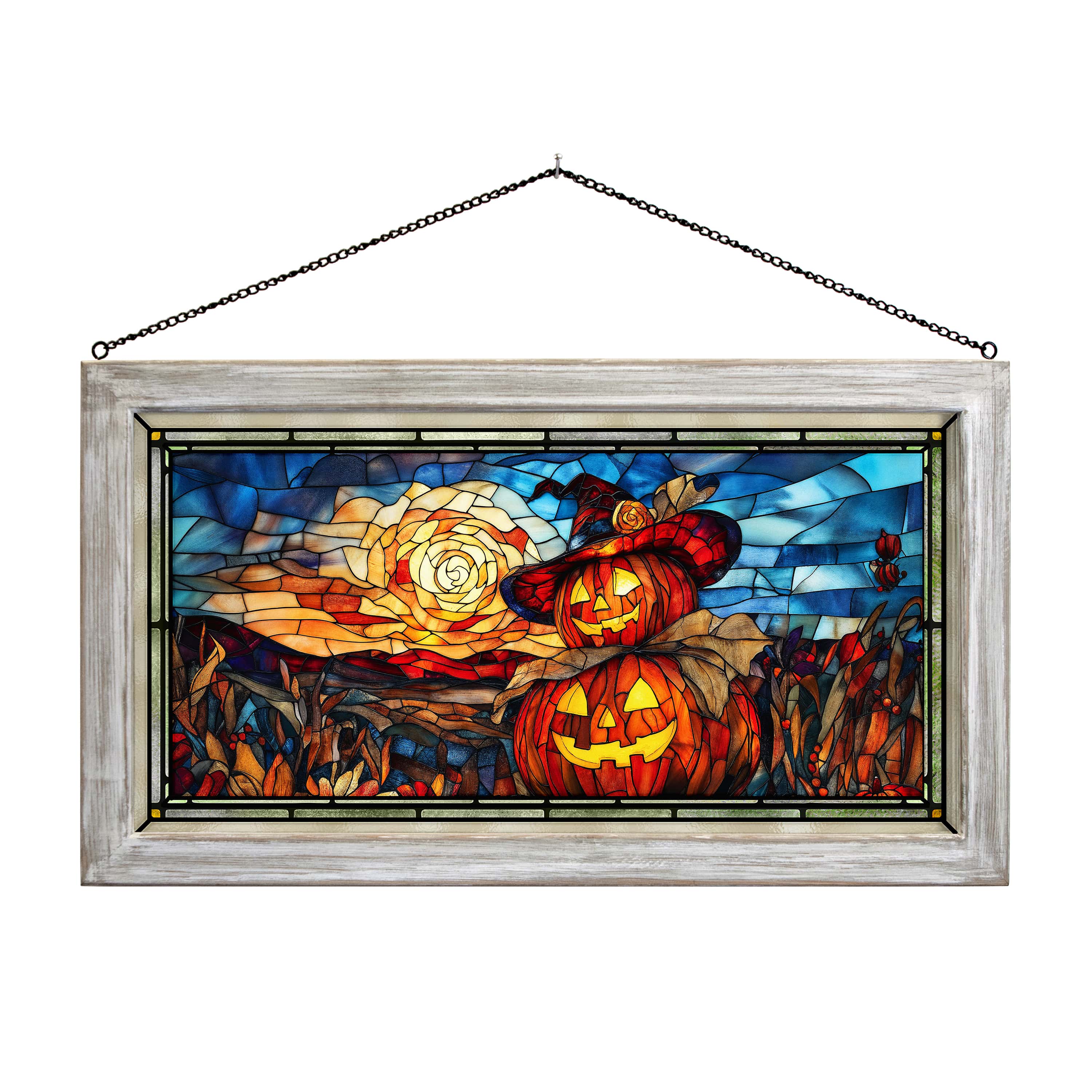 13 x 23 Stained Glass Jack O'Lantern Art Panel - Halloween Window Decor, Fall Home Decor, Gothic Wall Art for Seasonal Holiday Display