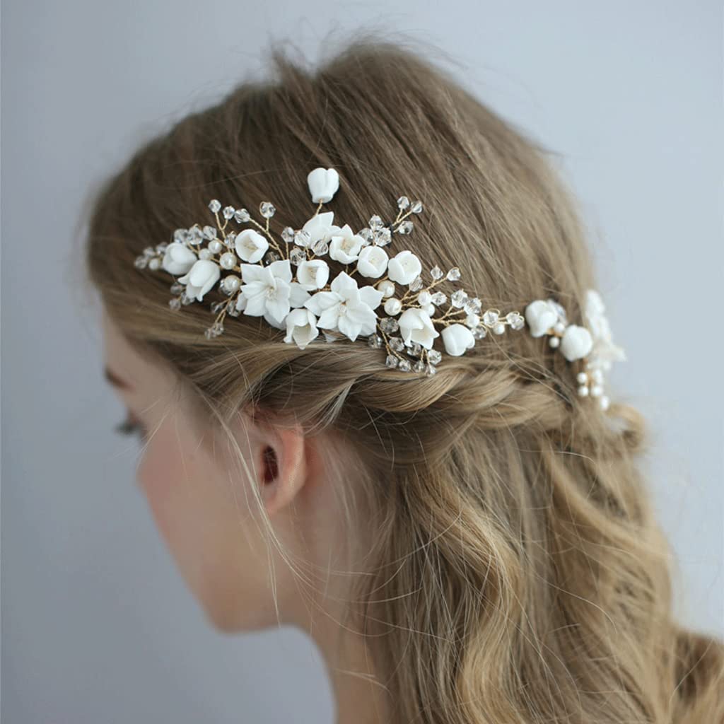 Handmade Ceramic Flower Wedding Hair Comb Set - 3pc Bridal Hair Side Combs with Clips for Bride, Bridesmaids & Special Occasions | Perfect for Weddings, Prom & Formal Events