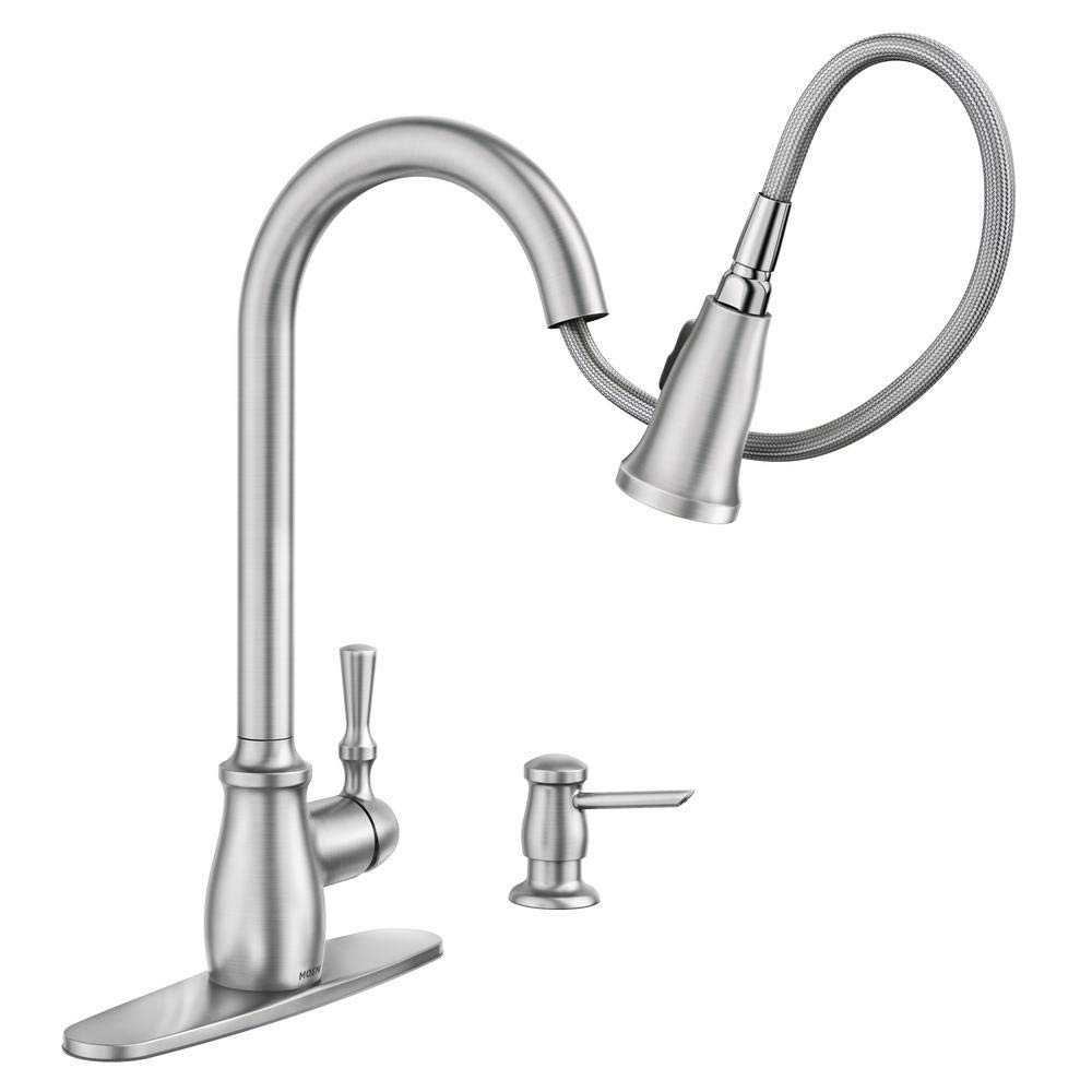 Moen Fieldstone 87808SRS Pull-Down Kitchen Faucet with Soap Dispenser - Modern Stainless Steel Design for Easy Cooking and Cleaning