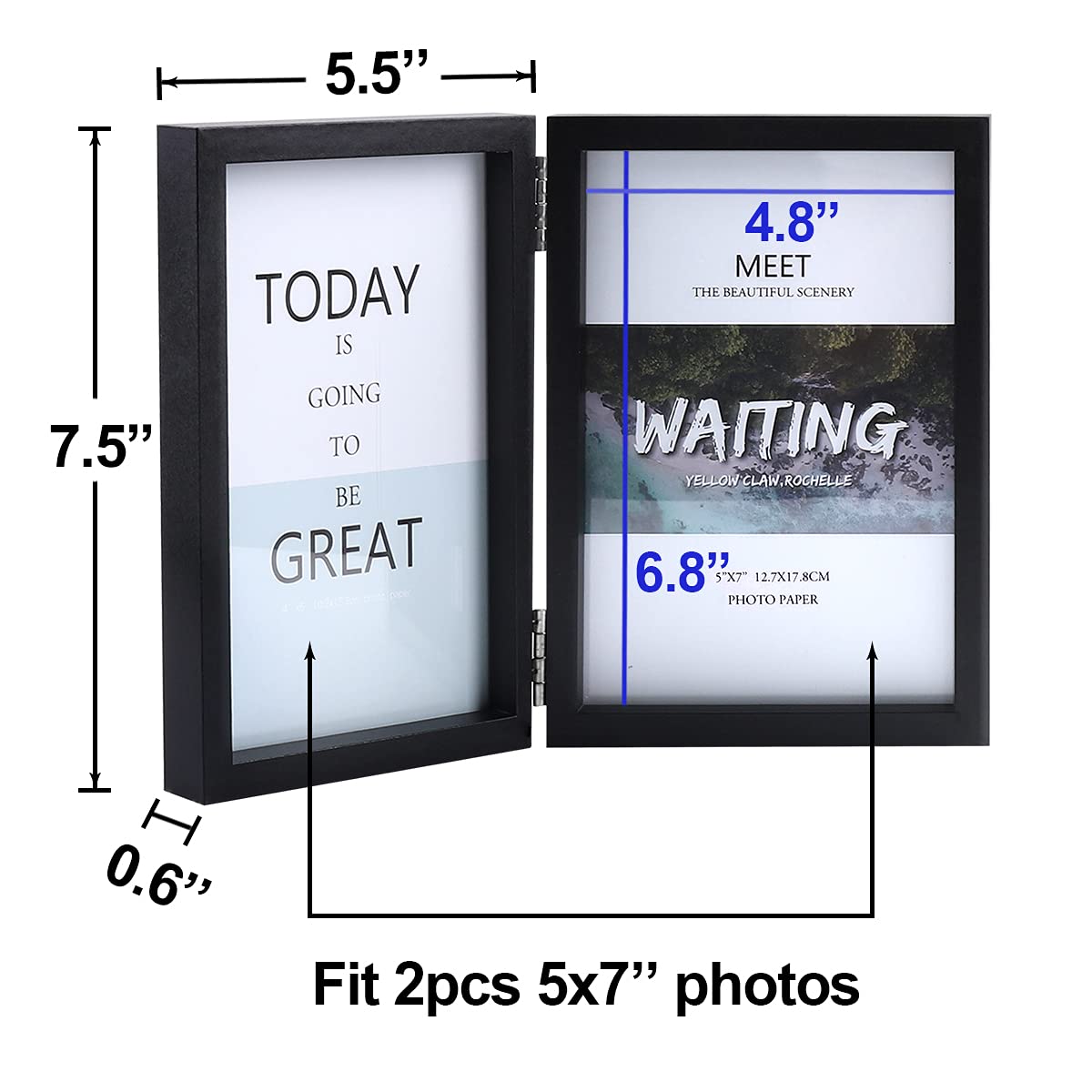 5x7 Double Picture Frames - Hinged MDF Wood with Real Glass - Tabletop Vertical Standing Photo Frame in Black - Perfect for Displaying Family Photos, Wedding Pictures, and Home Decor