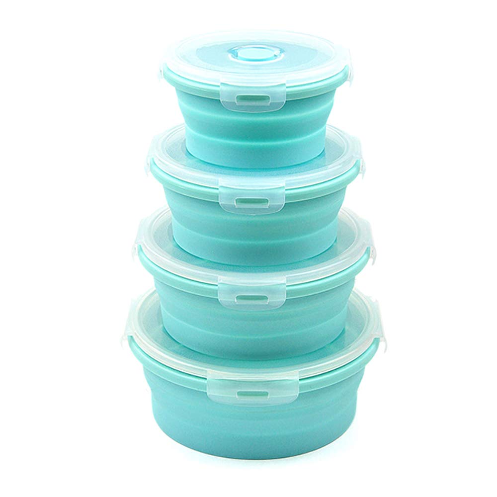 URBEST Collapsible Silicone Bowls with Lids - 4-Piece Set of Round Microwave & Freezer Safe Food Storage Containers for Camping, Hiking, Picnics & Meal Prep (Blue)