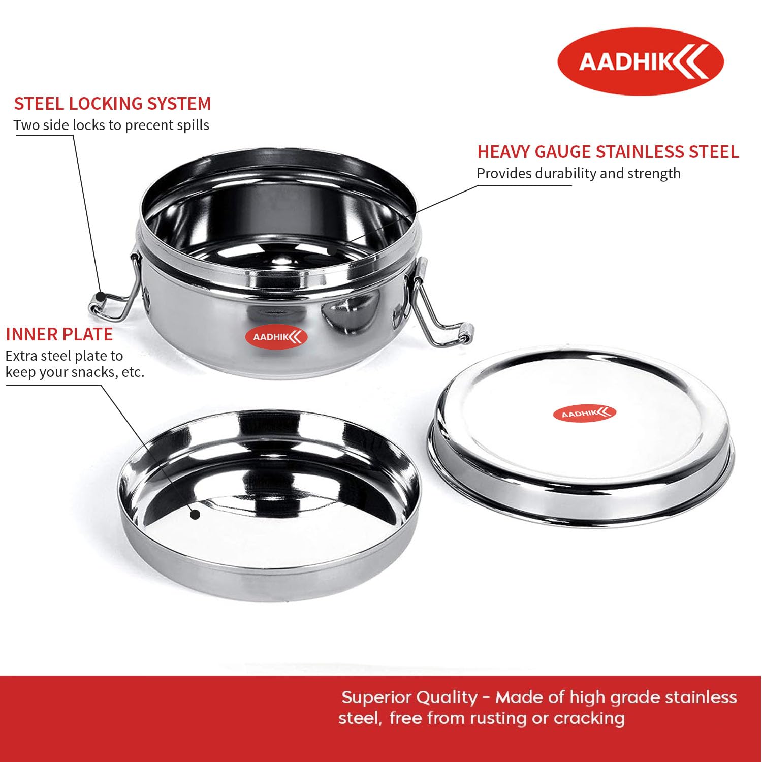 AADHIK 600ml Stainless Steel Lunch Box - 2 Tier Insulated Tiffin Container for School, Office & Travel | BPA-Free, Leak Proof Food Storage | Perfect for Meal Prep, Picnics & Daily Use