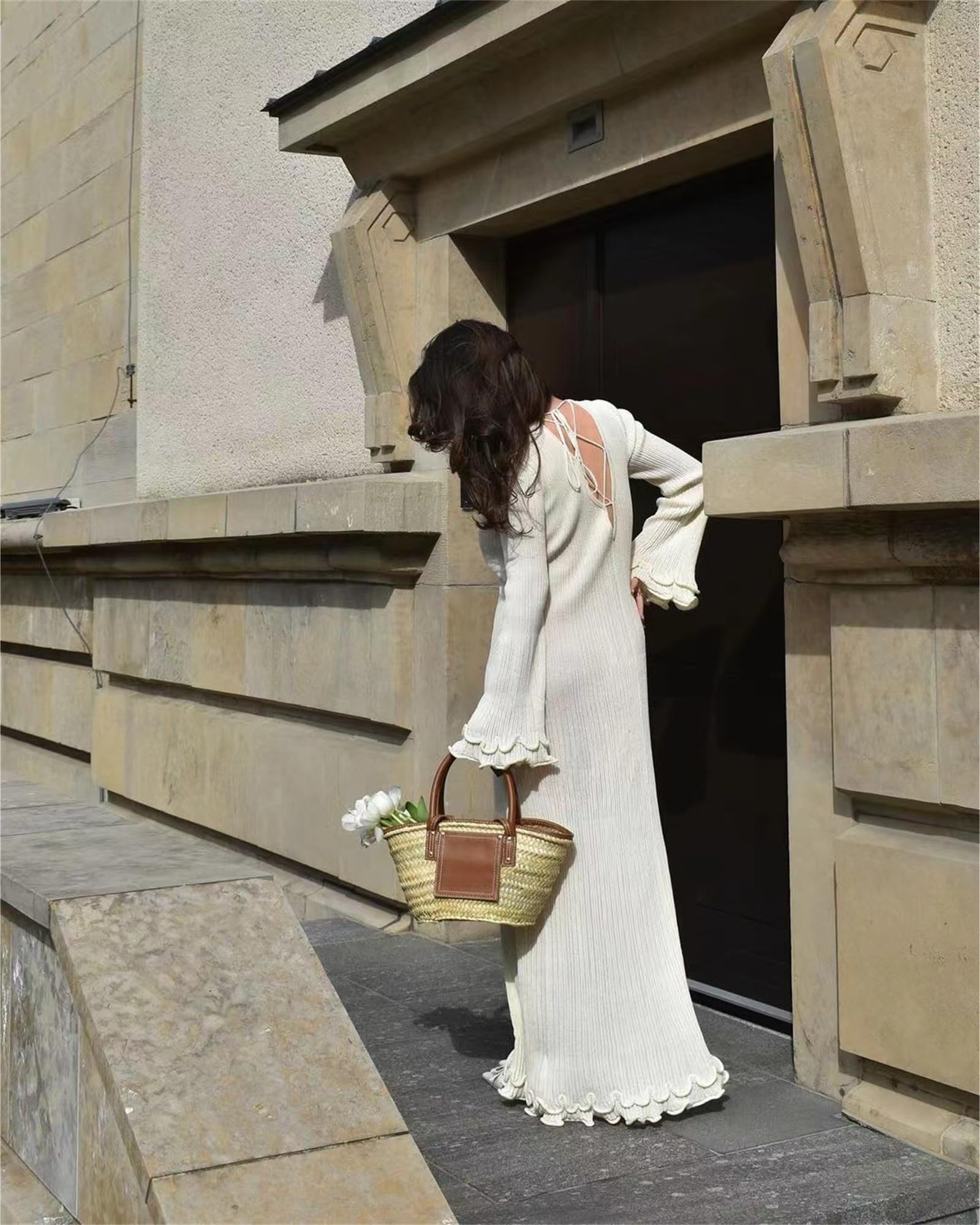 Elegant Cream Crochet Tie Back Maxi Dress with Ruffles & Long Sleeves - Perfect for Date Night, Wedding Guest & Fall Fashion