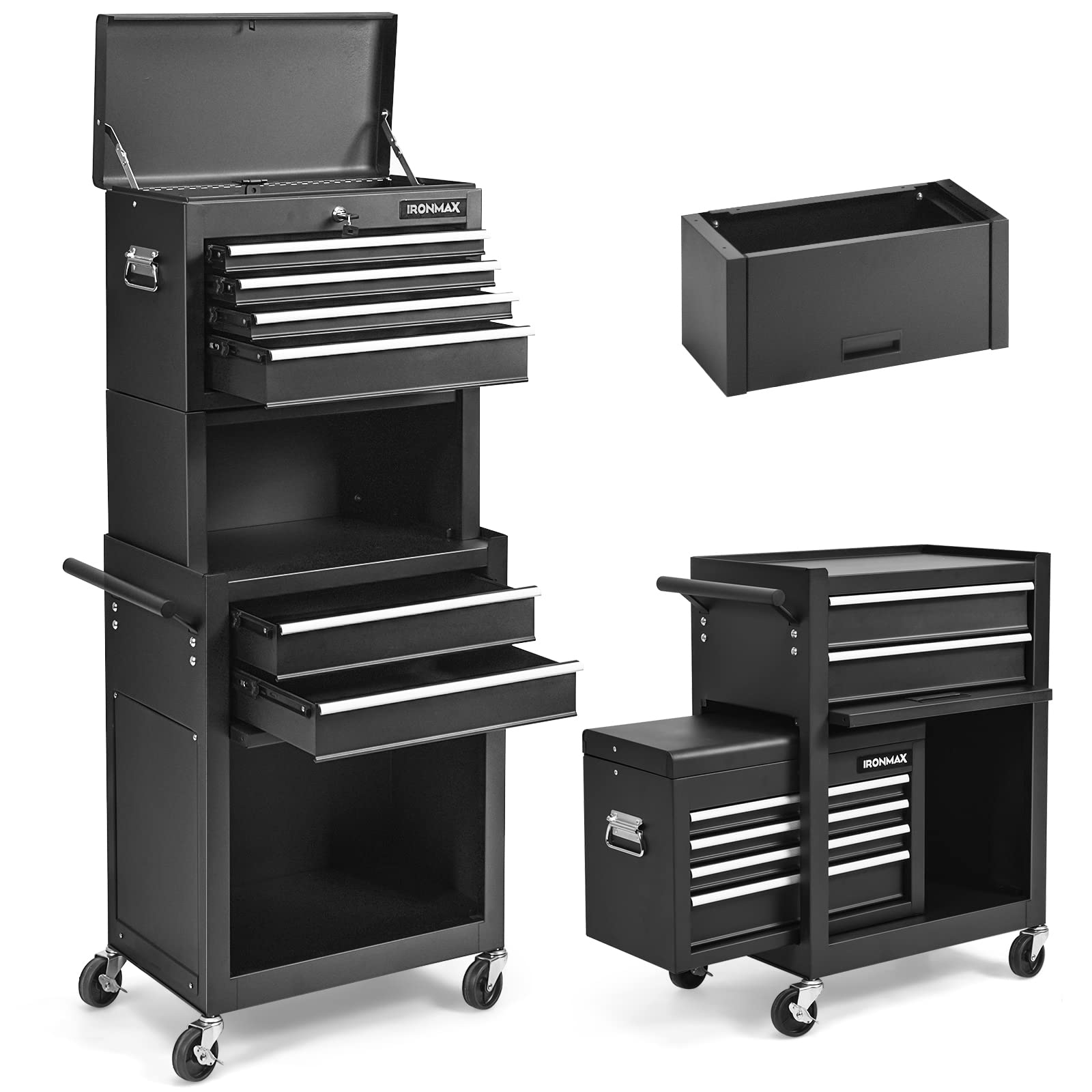 ERGOMASTER Rolling Tool Chest with Removable Top Box - 6-Drawer Heavy Duty Black Tool Cabinet with Lock System & Casters - Perfect for Garage Organization, Workshop Storage & Professional Mechanics