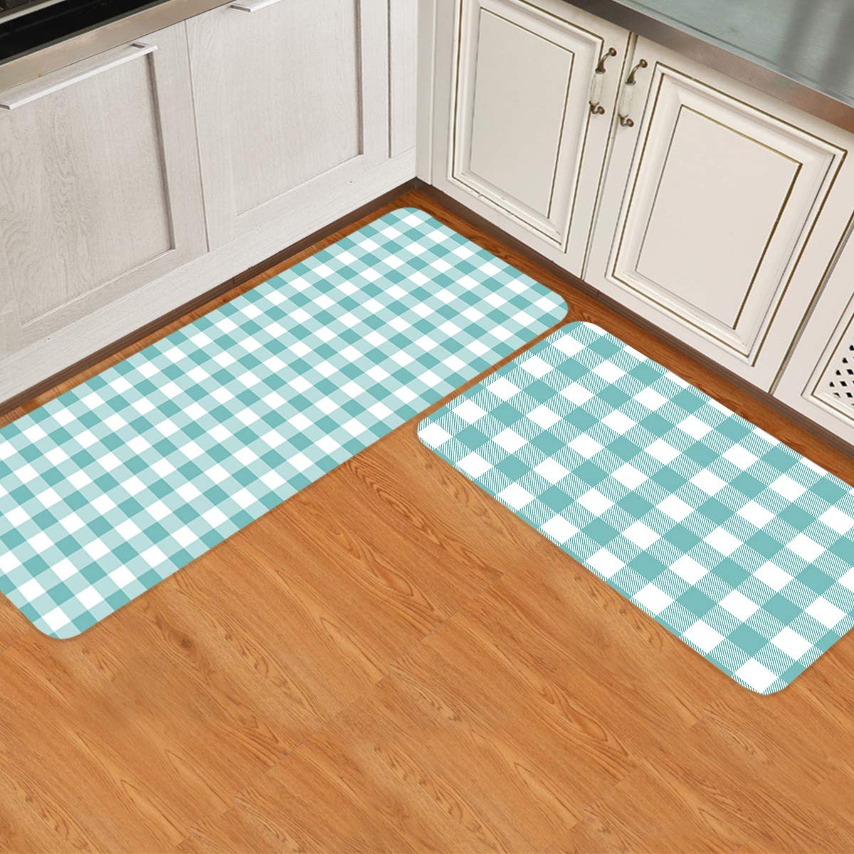 Brawvy 2-Piece Non-Slip Cushioned Kitchen Rug Set - Teal Plaid Buffalo Check Pattern, Comfort Standing Mats for Kitchen, Perfect for Sink, Stove, and Counter Areas