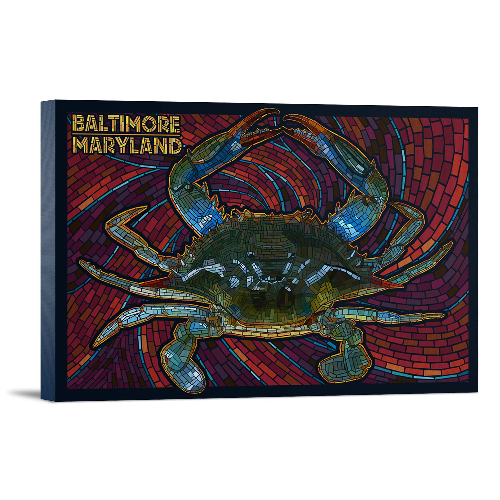 Baltimore Maryland Blue Crab Paper Mosaic Art - 36x24 Inch Gallery Wrapped Canvas Wall Decor - Perfect for Coastal, Beach House & Seafood Restaurant Decorations