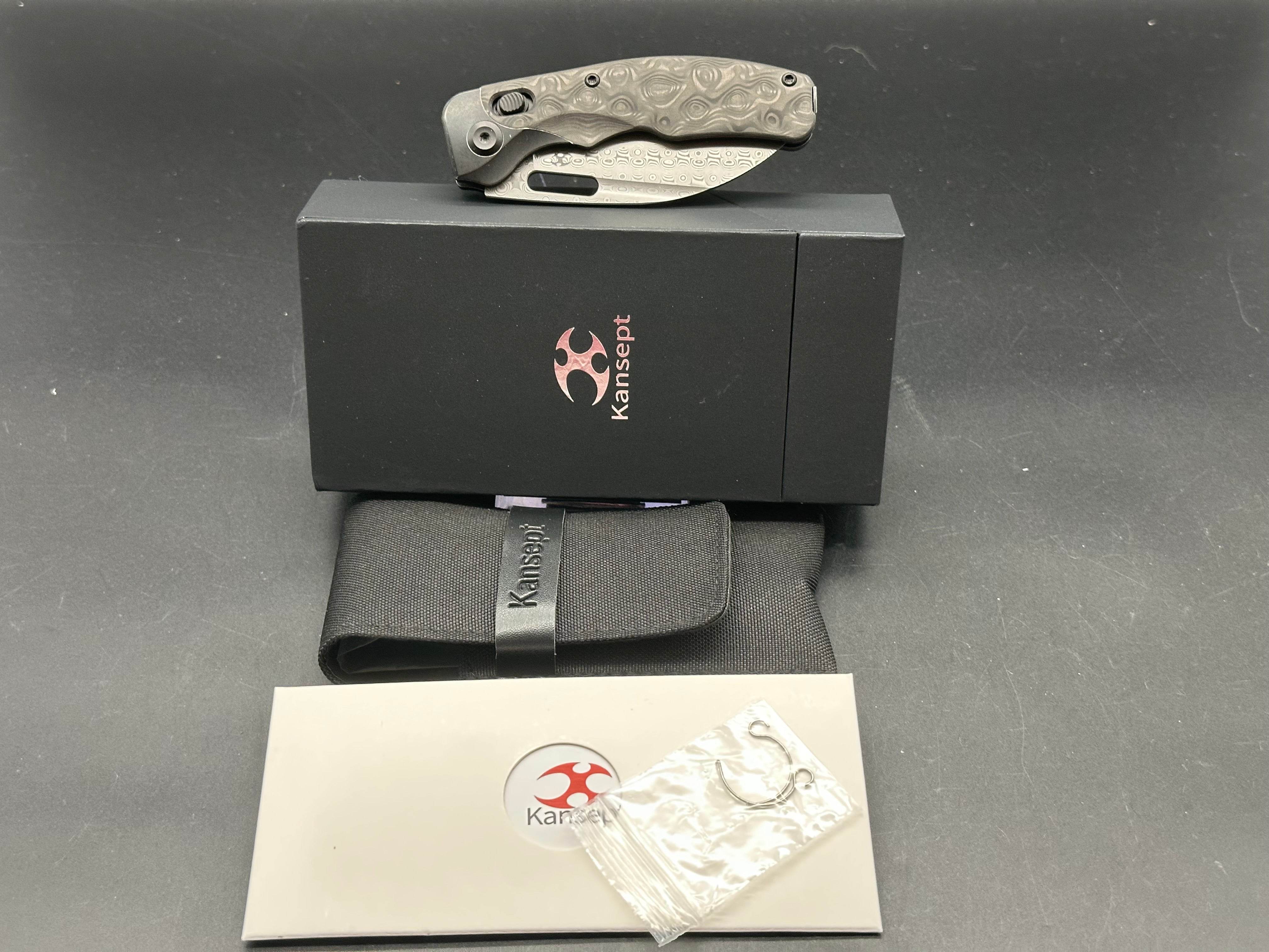 KANSEPT VIVID Blackwash Titanium & Rose Carbon Fiber Handle Damascus Plain Edge Folding Knife - EDC, Outdoor Survival, Camping & Tactical Use