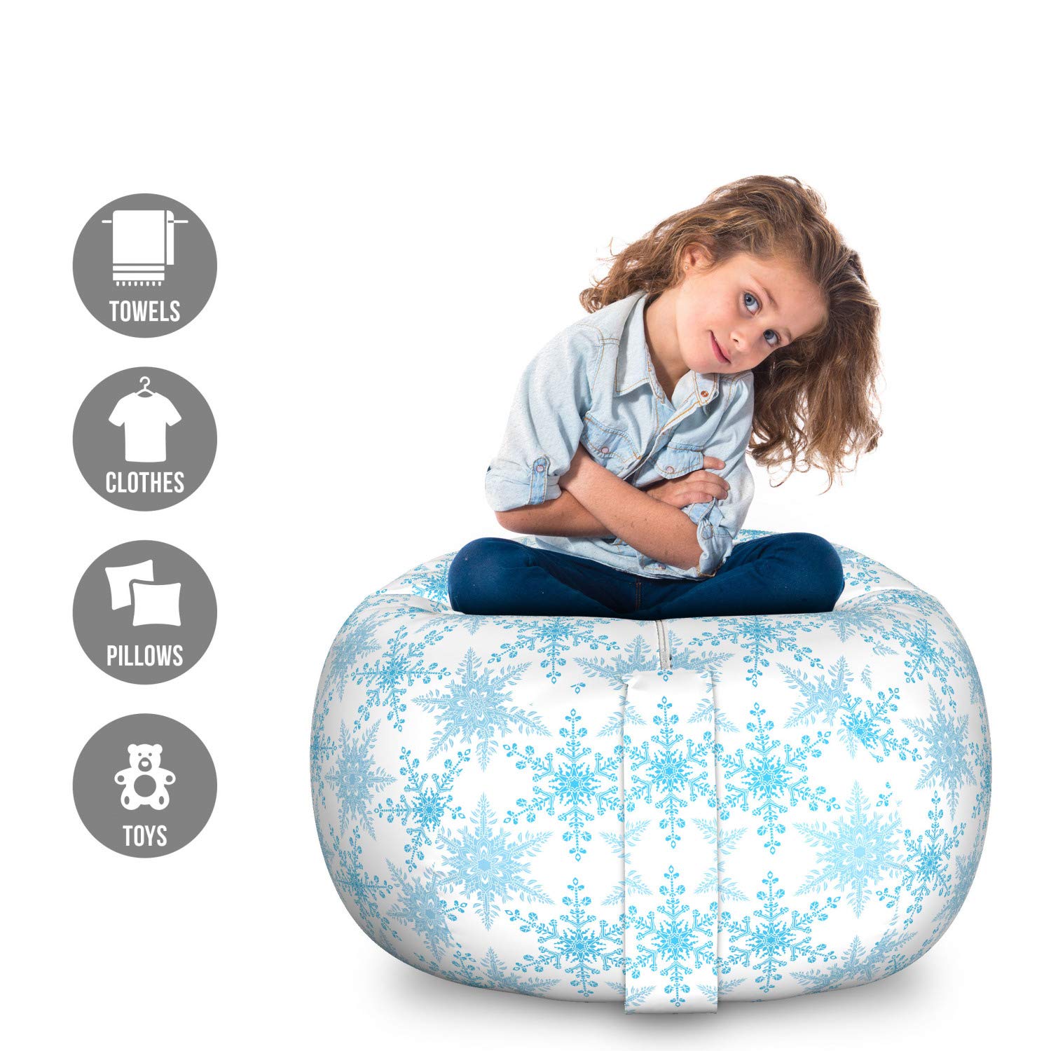 Ambesonne Snowflake Storage Toy Bag Chair - Large Washable Stuffed Animal Organizer with Winter Snowfall Print in Sky Blue - Perfect for Kids' Room, Nursery, and Playroom Organization