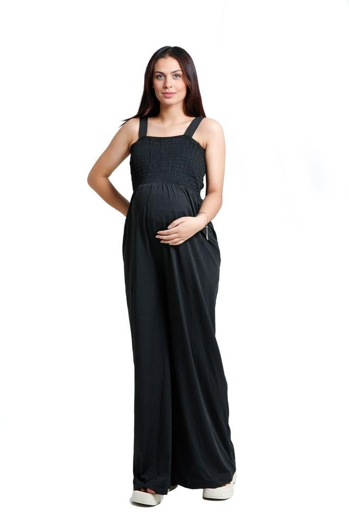 Women's Maternity Jumpsuit - Smocked Boho Overalls for Pregnancy & Postpartum | Comfortable Casual Jumper Dress | Black | Perfect for Everyday Wear, Baby Showers & Nursing