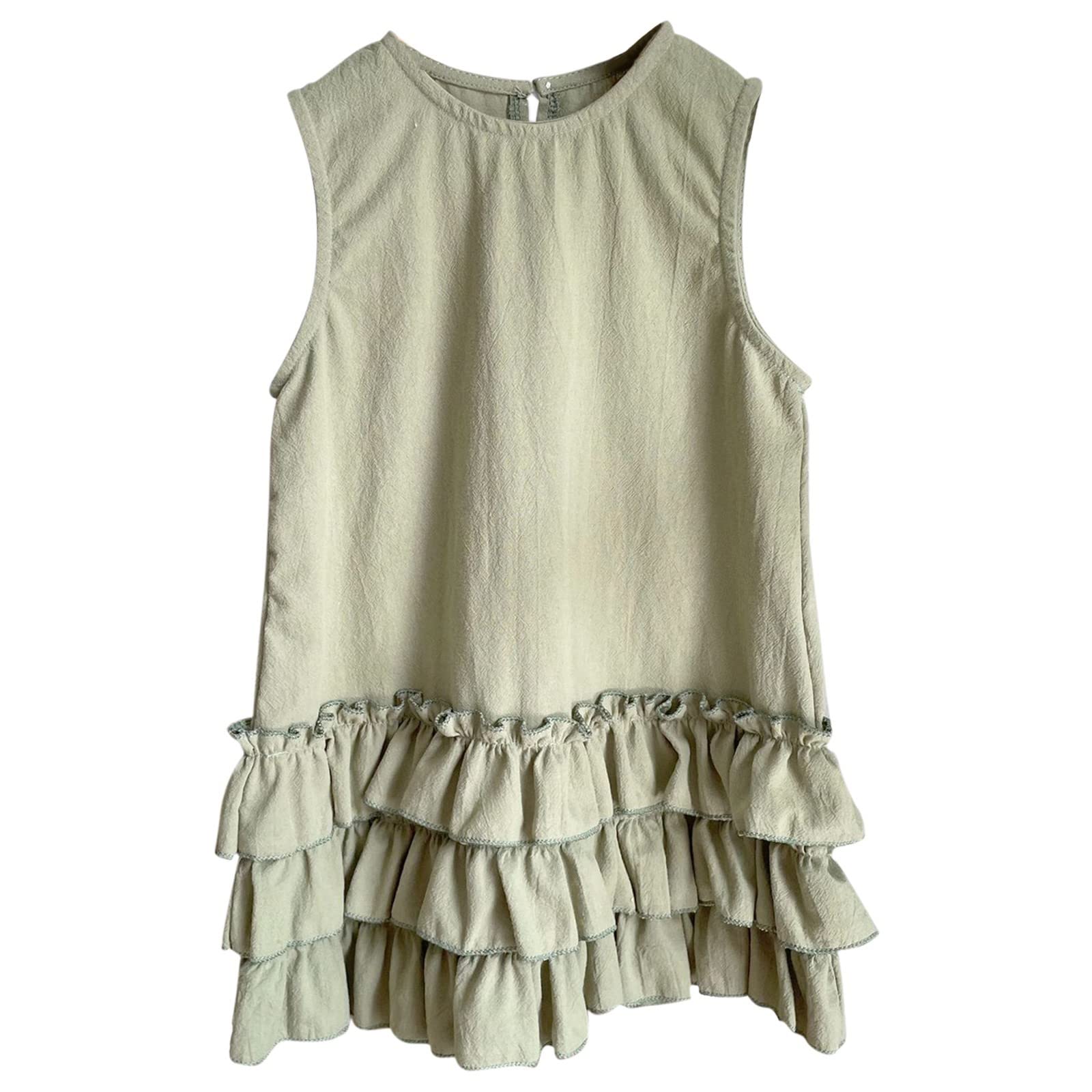 Girls Cotton Linen Lace Vest Dress - Sleeveless Princess Style Summer Outfit for Toddlers (Green, Size 4-5 Years) | Perfect for Birthday Parties, Photo Shoots & Special Occasions