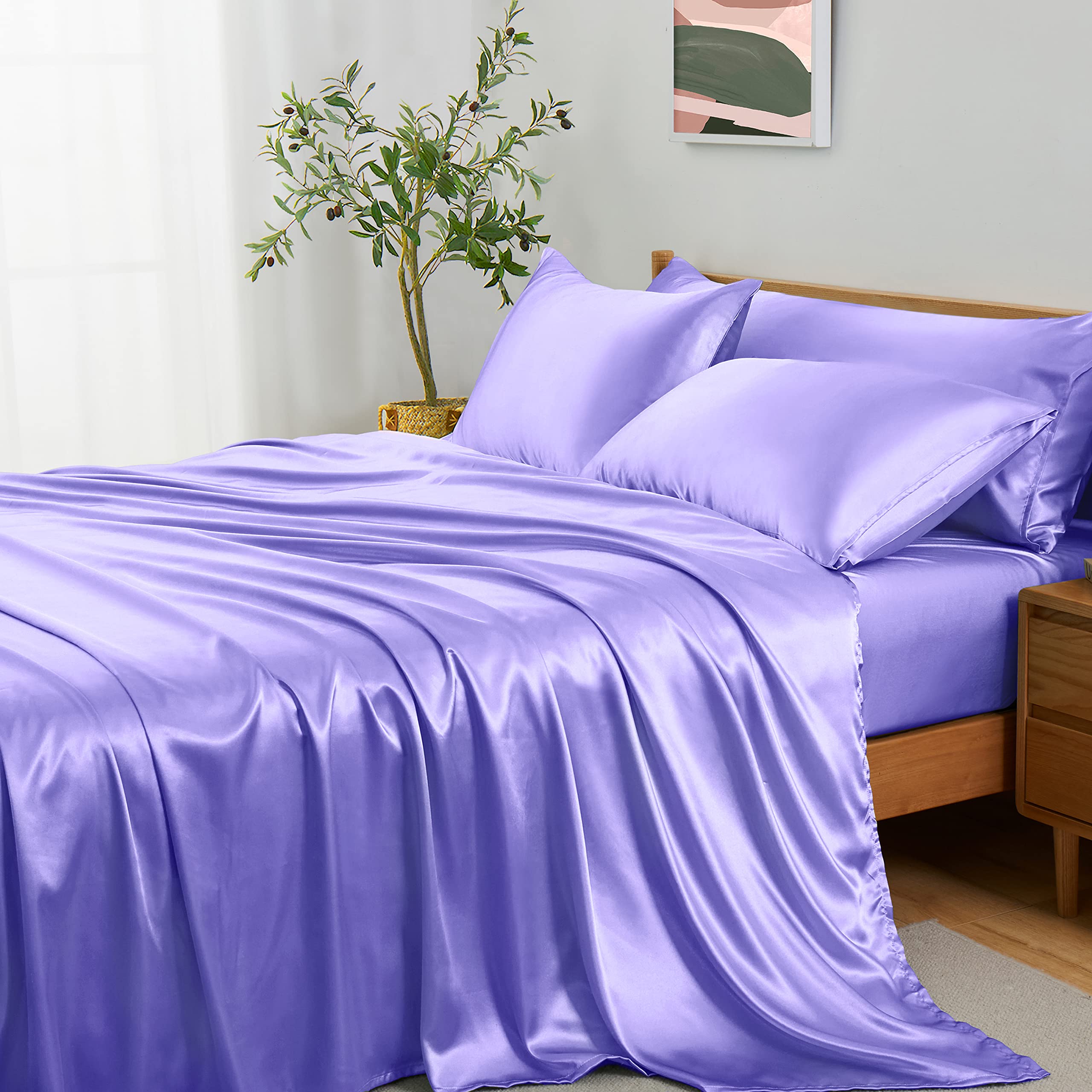 Entisn 5-Piece Full Size Satin Sheets Set - Ultra Soft & Breathable Luxury Bedding with 1 Fitted Sheet, 1 Flat Sheet & 3 Pillowcases - Lavender Satin Bed Sheets for Comfortable Sleep & Elegant Bedroom Decor