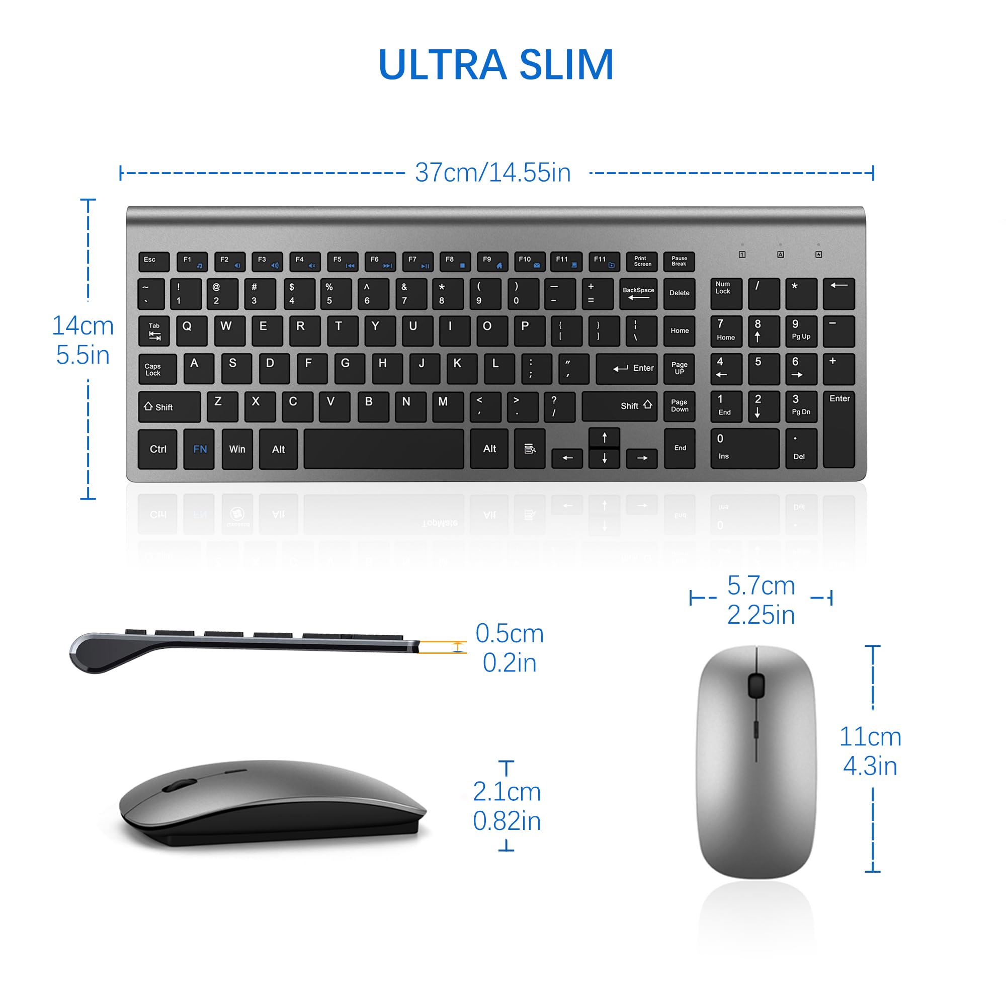 TopMate Ultra Slim Wireless Keyboard and Mouse Combo - 2.4G Silent Compact USB Mouse with Scissor Switch Keyboard, Includes Cover & Batteries (2AA/2AAA) - Compatible with PC, Laptop, Windows, Mac (Gray Black) - Perfect for Home Office, Remote Work, and Gaming Setup
