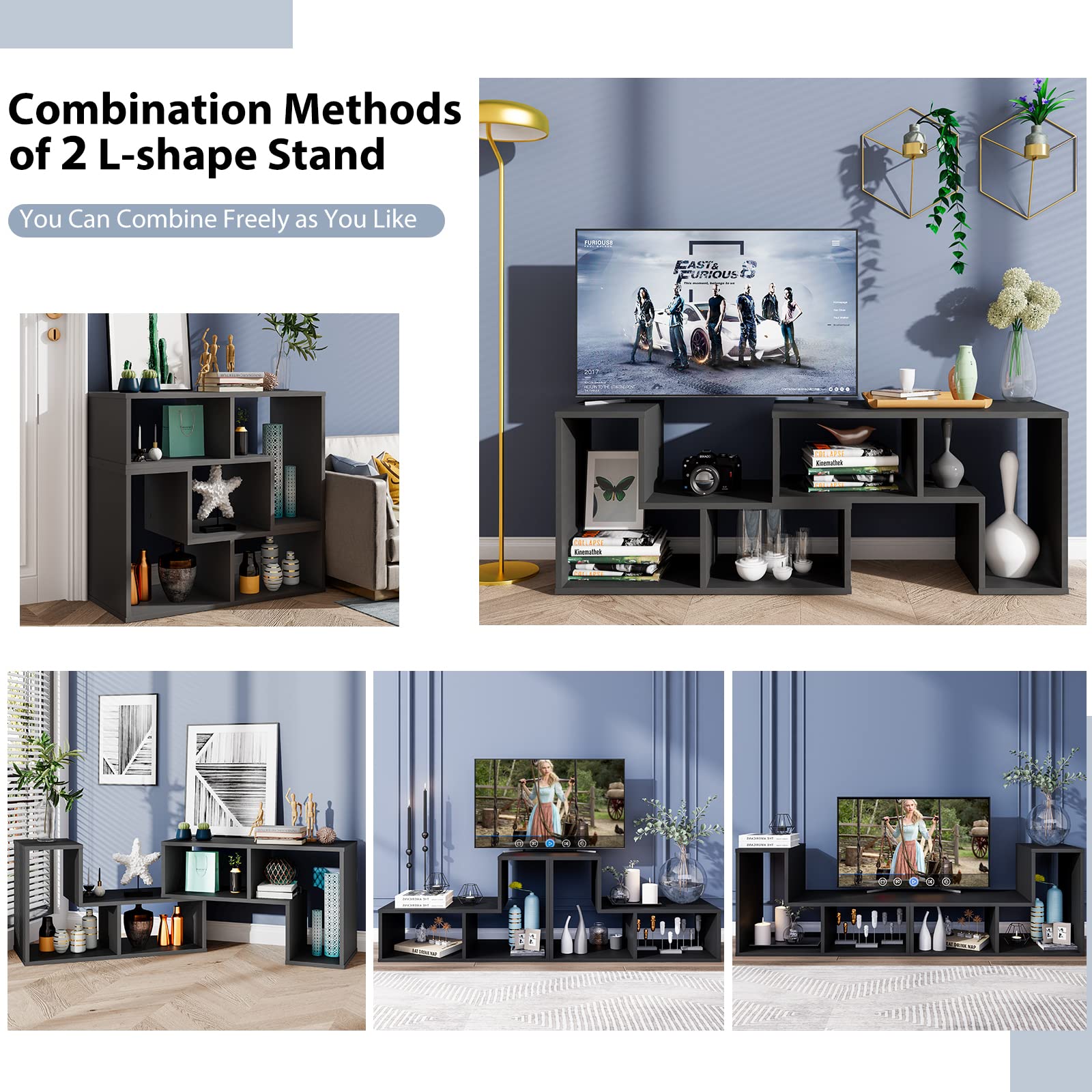 Tangkula 3-Piece Modular TV Stand for 50-65 Inch TVs - Modern Entertainment Center with Open Storage Shelves, DIY Media Console for Living Room, Bedroom & Home Theater (Black)