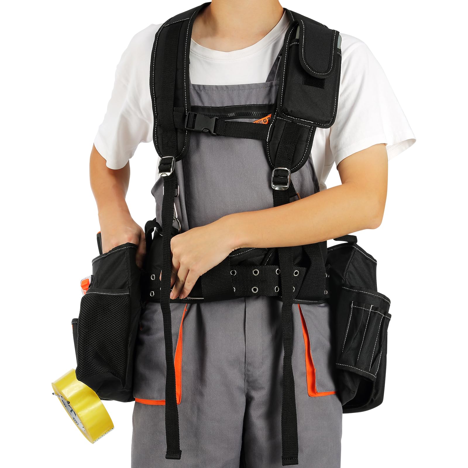 VEVOR Heavy Duty Tool Belt with Suspenders - 29 Pockets Adjustable Waist 29-54 inches - 600D Polyester Carpenter Tool Pouch for Men - Perfect for Construction, Electrical Work, Gardening & DIY Projects - Black