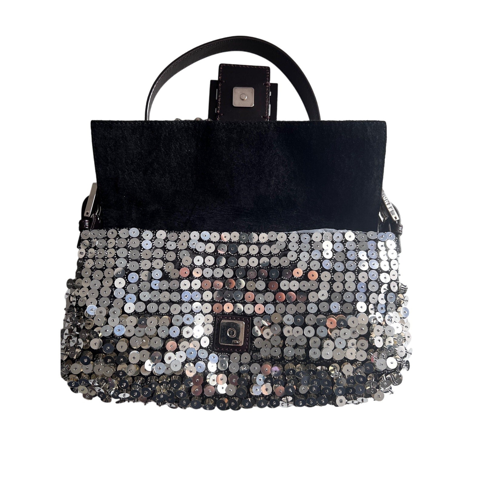 Fendi 3D Silver Sequin Baguette Bag - Luxury Designer Shoulder Purse for Women | Perfect for Parties, Weddings & Evening Events