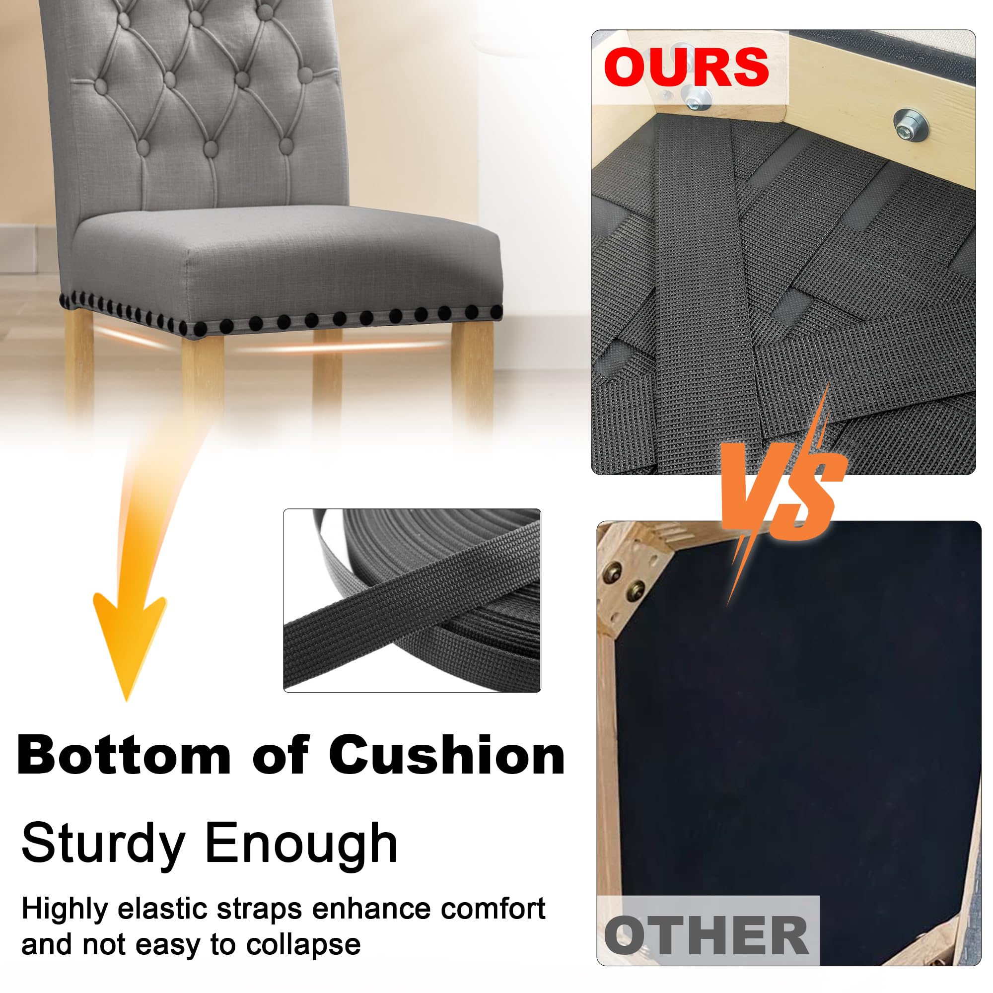 Modern Linen Fabric Dining Chairs Set of 2 - Parson Style with Nailhead Trim & Button Tufting - Solid Wood Legs Dark Grey - Perfect for Dining Room, Kitchen, Living Room & Home Office Seating