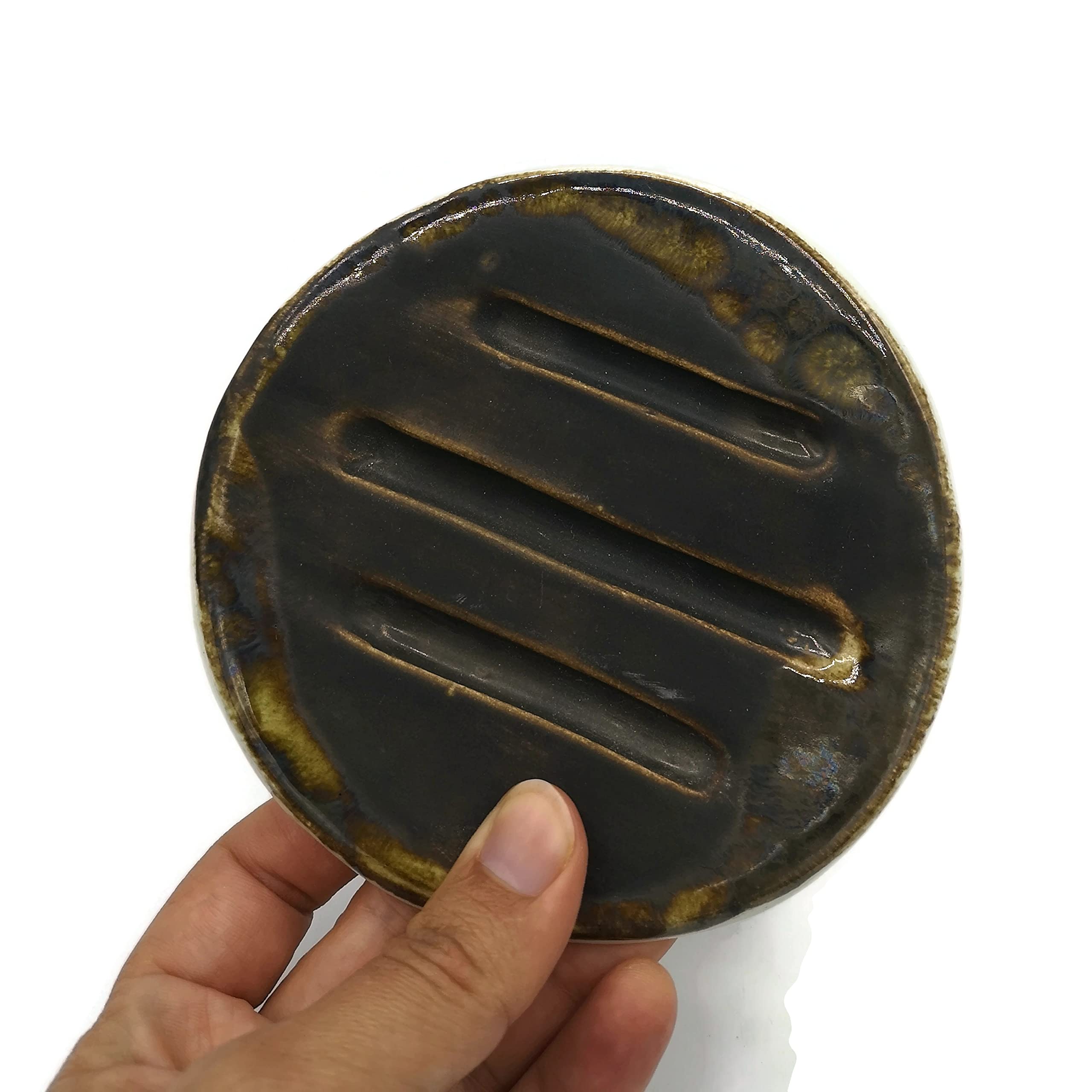 Dark Brown Ceramic Soap Dish & Sponge Holder - Bathroom & Kitchen Organizer for Sinks, Showers, and Countertops