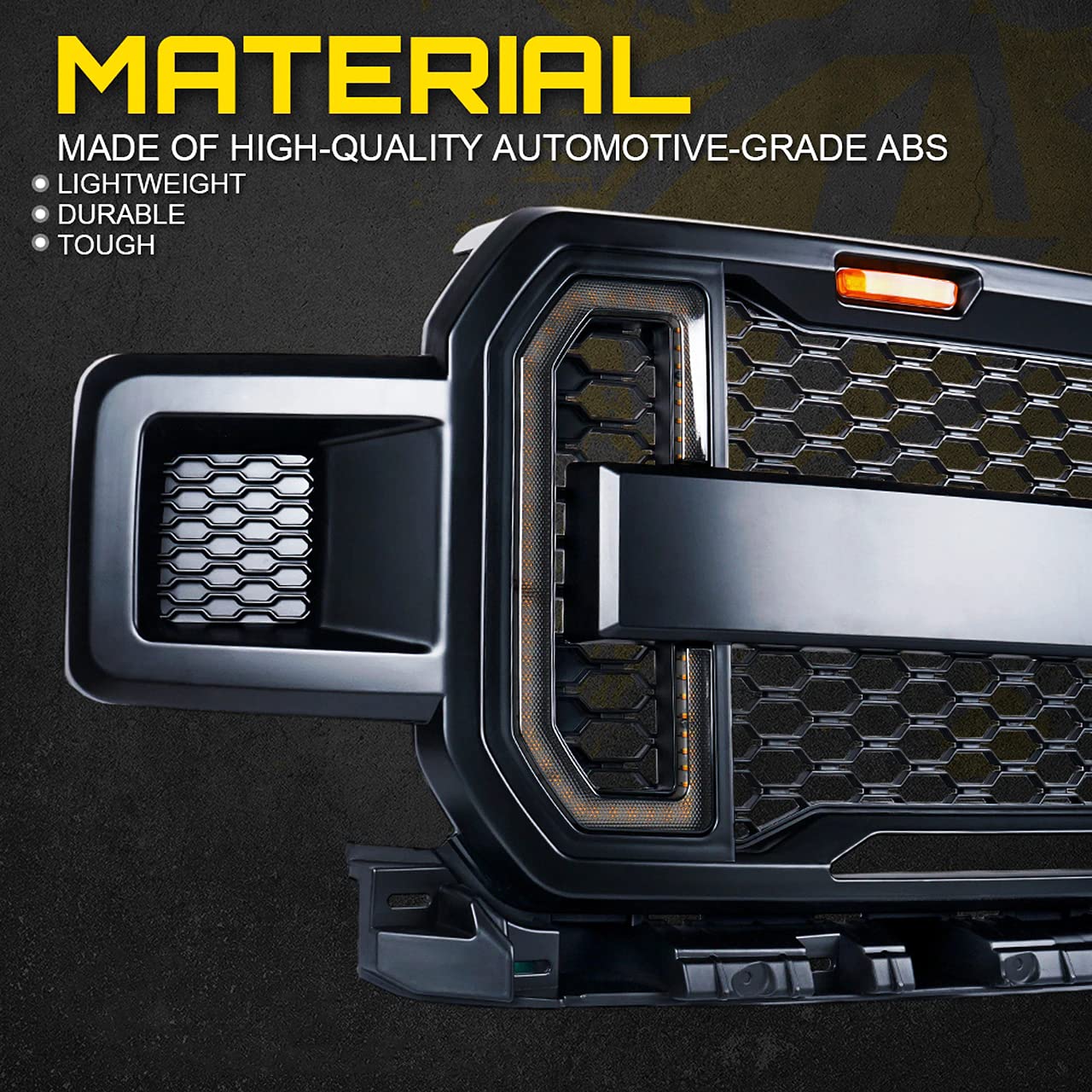 Ford F-150 2018-2020 Front Grill Mesh Grille Replacement with DRL, Turn Signal & 3 Amber LED Lights (Matte Black) - Perfect for Off-Roading, Truck Customization & Enhanced Style