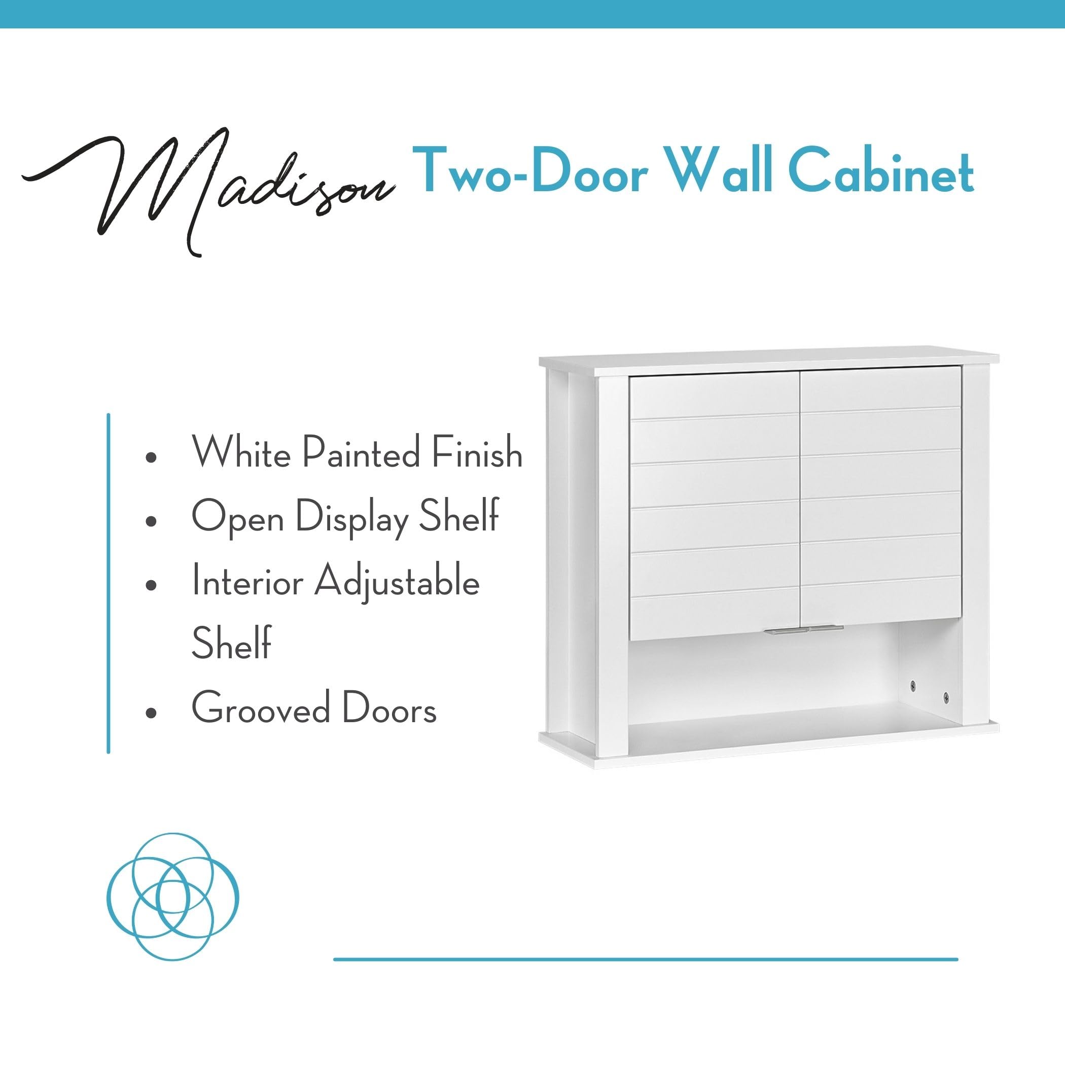 RiverRidge Madison White Wall Mounted Over The Toilet Storage Cabinet - 2 Door Medicine Cabinet with Adjustable Shelves, Modern Flat Handles & Horizontal Groove Design | Perfect for Bathroom Organization, Small Space Storage & Stylish Home Decor
