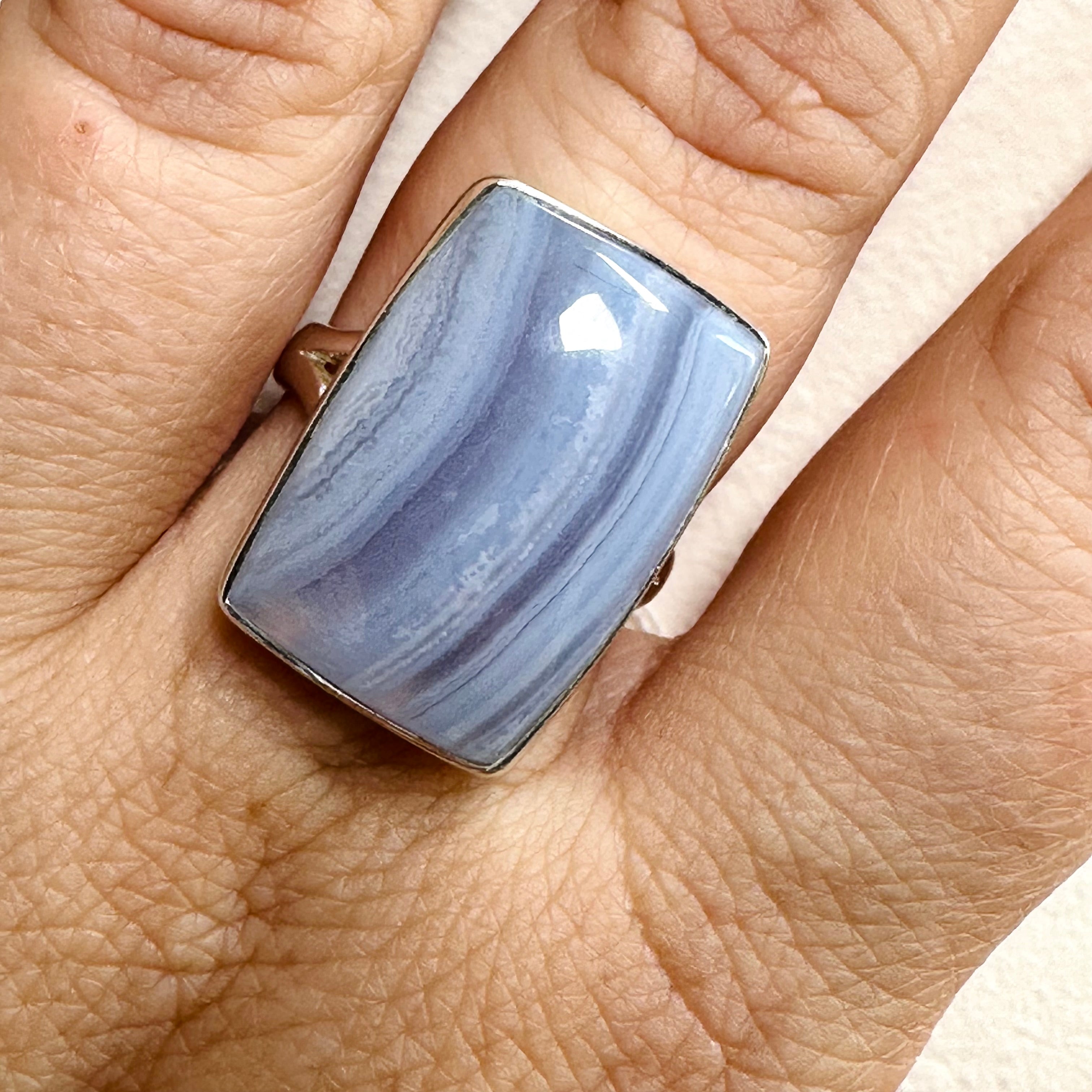 Blue Lace Agate Rectangular Cabochon Ring - Size 8 - KRGJ3382 - Perfect for Boho Jewelry, Wedding Accessories & Everyday Elegance