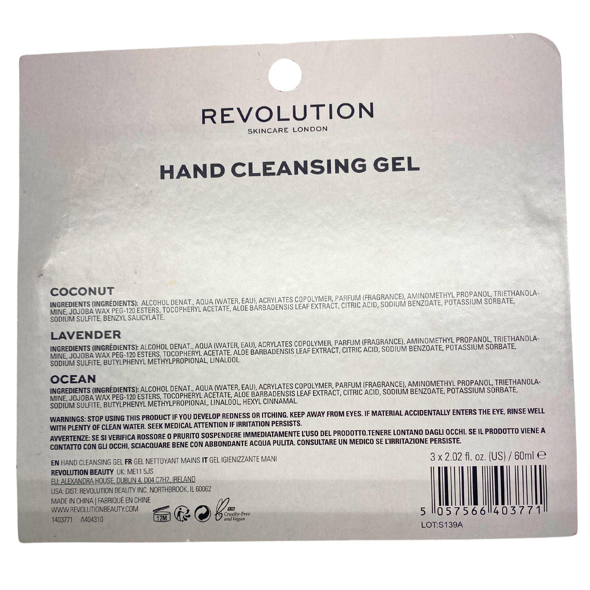 Revolution Skincare London Antibacterial Hand Cleansing Gel - Coconut, Lavender & Ocean Scent (3-Pack, 2.02 fl oz each, 72-Piece Lot) | Travel-Friendly Hand Sanitizer for Office, Gym & Daily Use