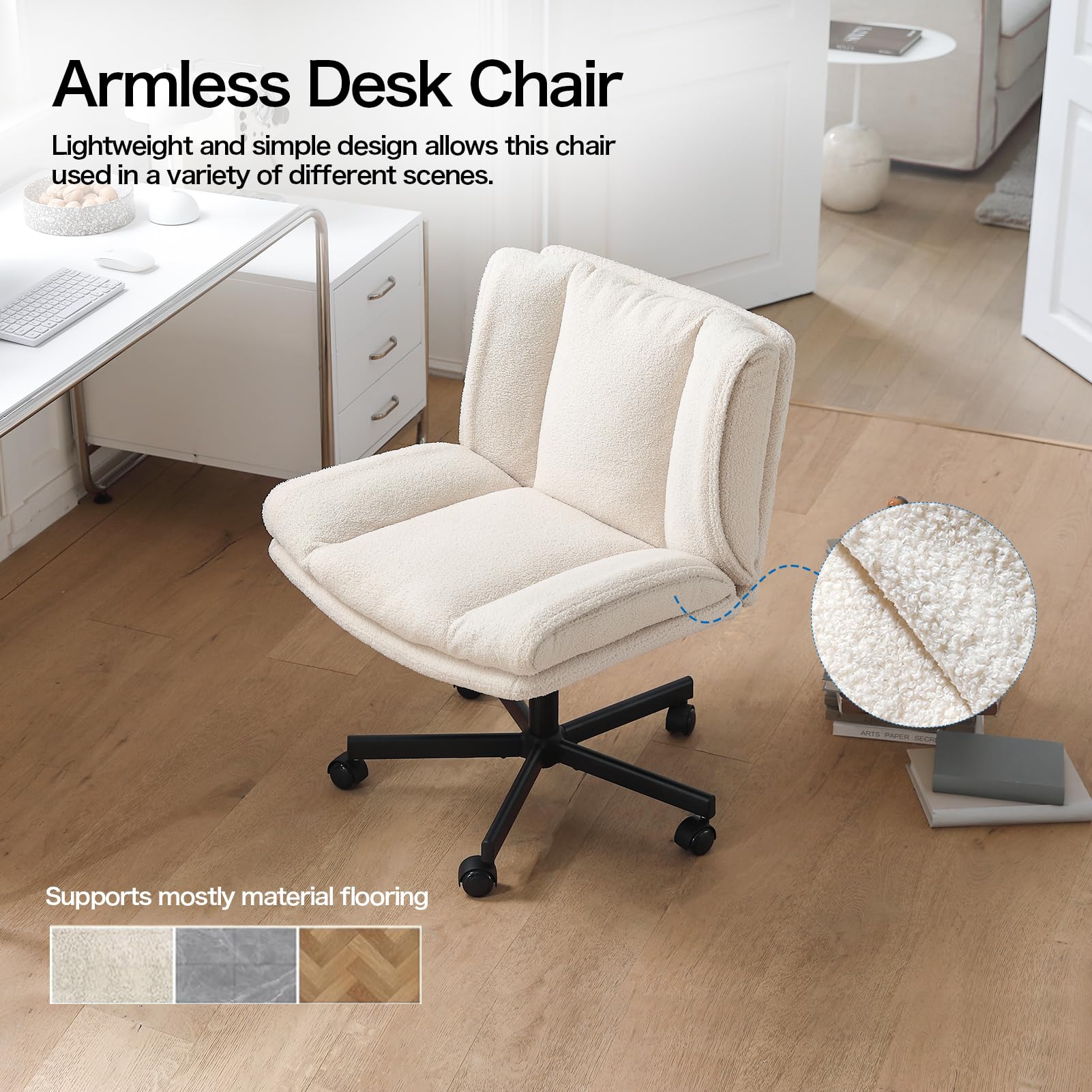 LEAGOO Criss Cross Chair with Wheels - Furry Armless Desk Chair, Comfy Wide Seat Cross Legged Office Chair - Height Adjustable Swivel Vanity Chair for Home Office, Makeup, Gaming & Reading - Cream White