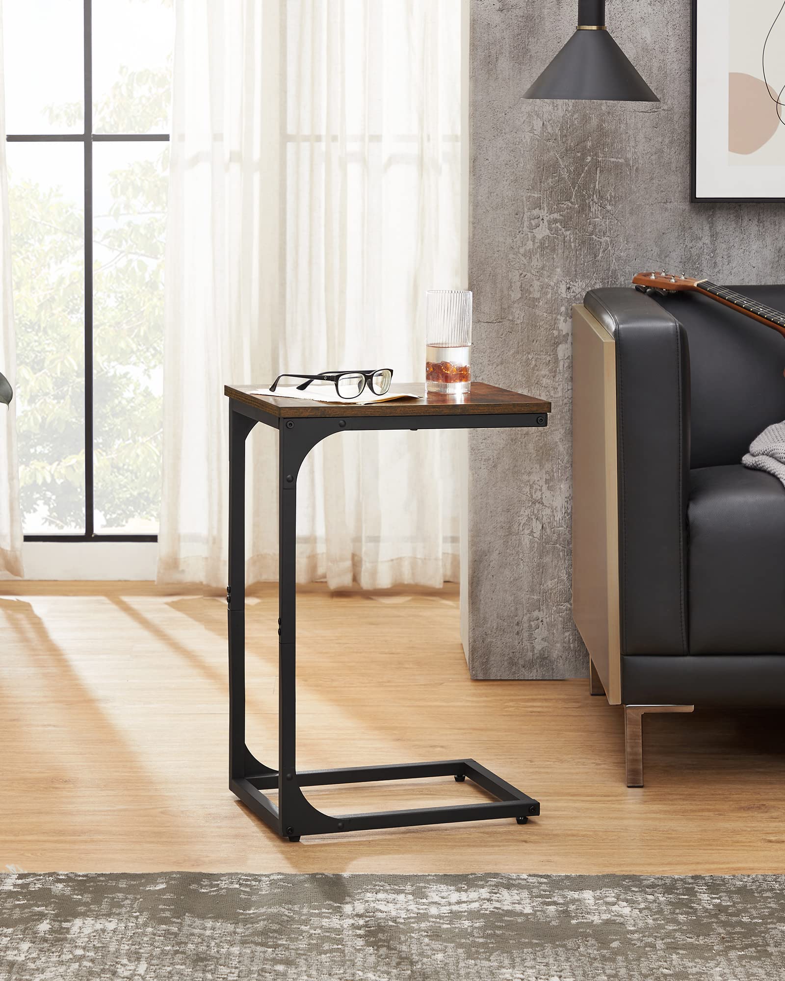 VASAGLE C-Shaped End Table with Metal Frame - Small Side Table for Couch, Sofa, Living Room, Bedroom, Nightstand - Rustic Brown & Black - Perfect for Holding Drinks, Books, and Lamps by Your Bed or Couch