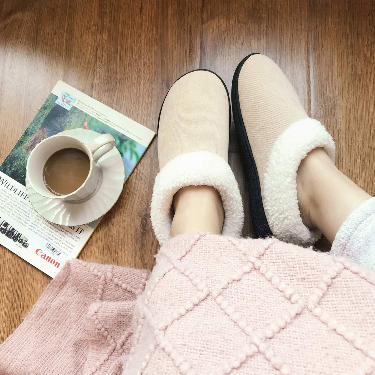 VONMAY Women's Fuzzy House Slippers with Memory Foam & Fleece Collar - Cozy Indoor/Outdoor Slippers for Winter, Home, Office & Travel Comfort