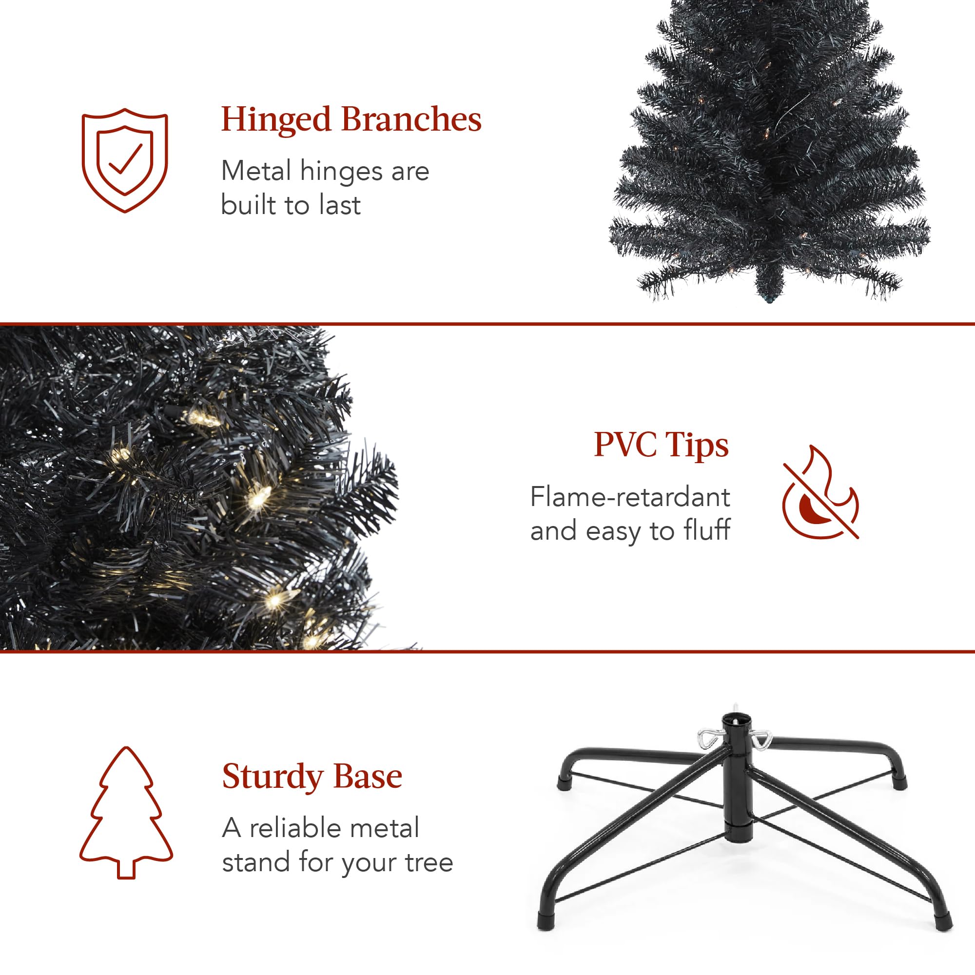 Best Choice Products 7.5ft Pre-Lit Black Pencil Christmas Tree with 300 Incandescent Lights - Slim Artificial Holiday Tree for Home, Office & Party Decor - 972 Tips & Metal Base - Perfect for Small Spaces & Modern Holiday Decorations